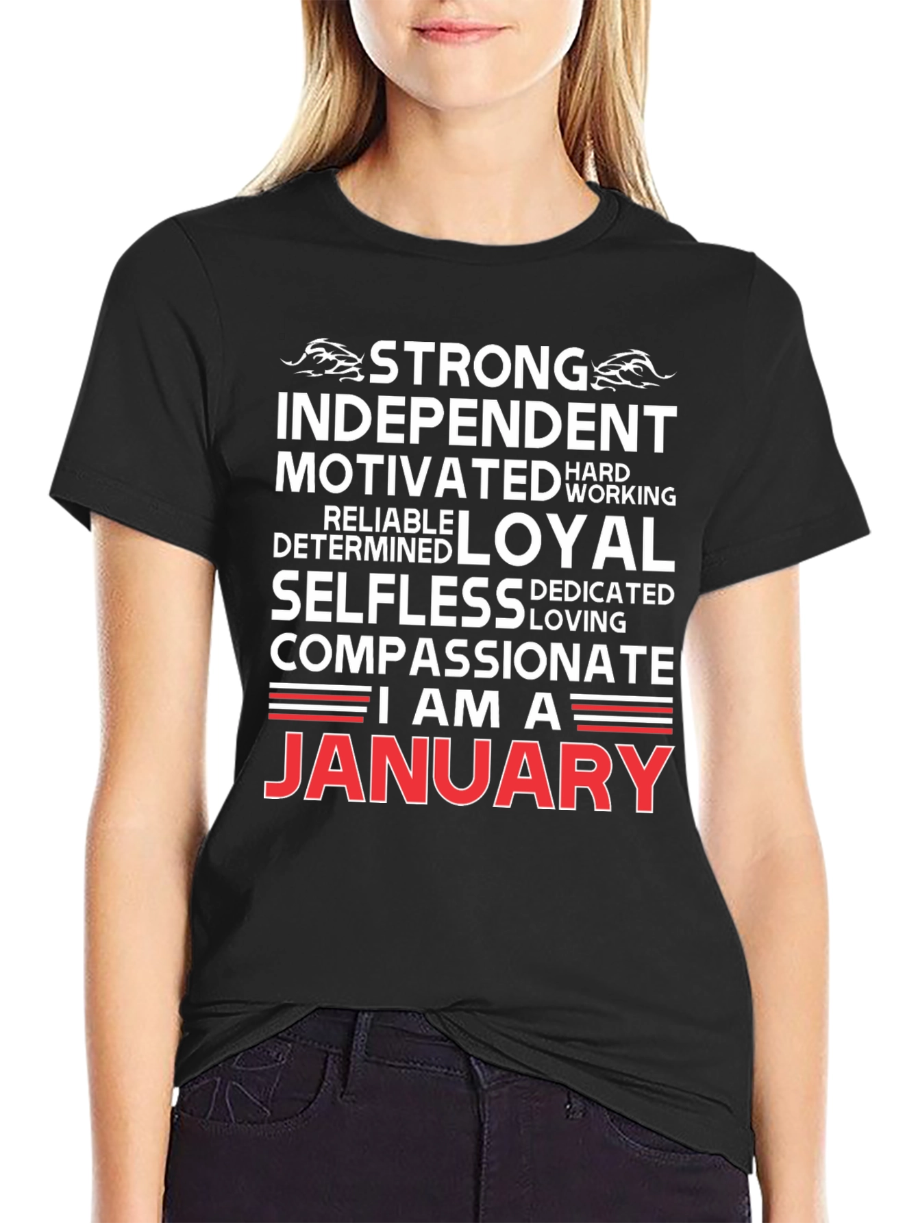 Black January Birthday T-Shirt - Strong, Loyal, Compassionate view 2