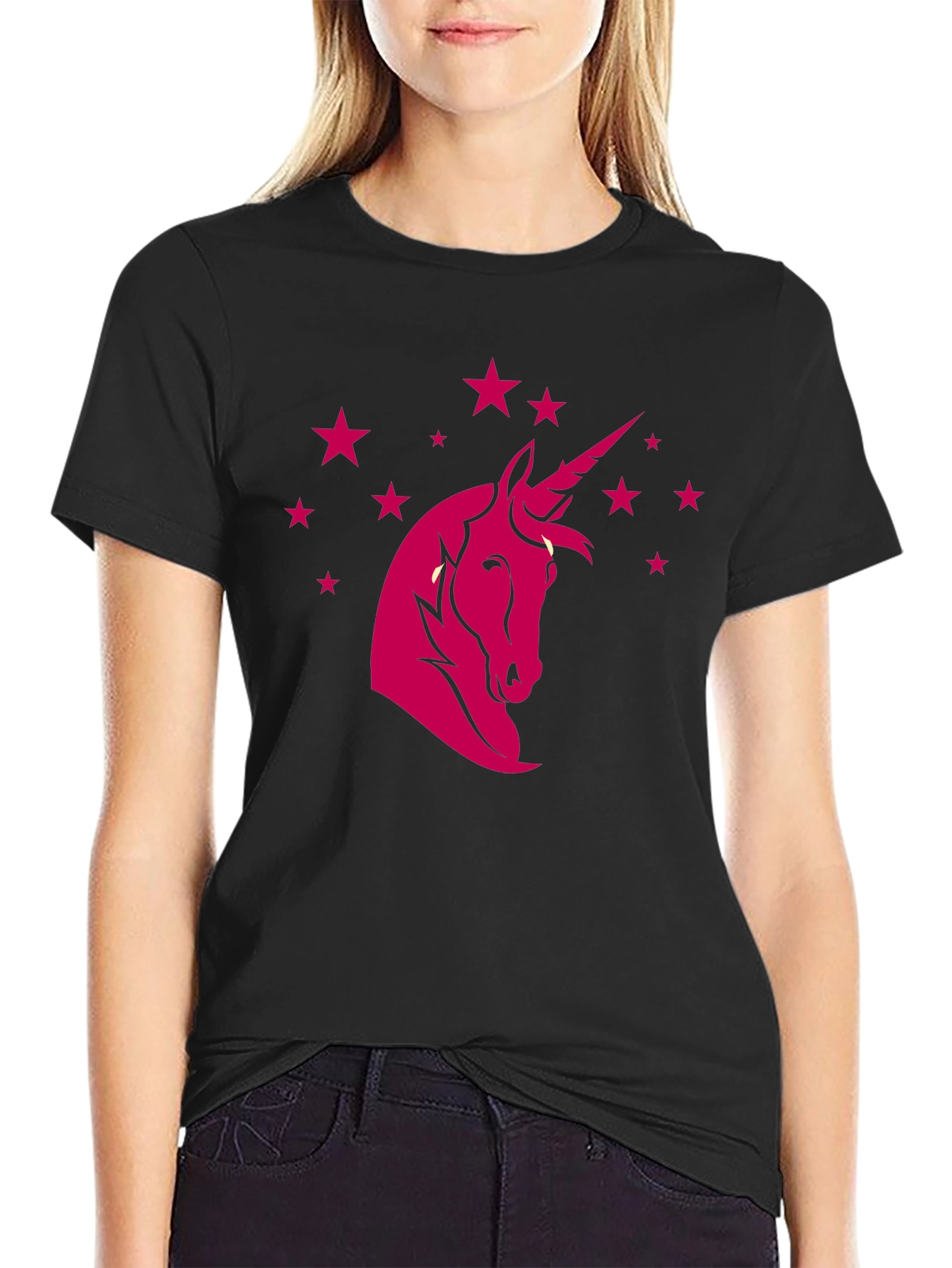 Black Unicorn Star Graphic Tee - Black Cotton Blend Casual T-Shirt view 2