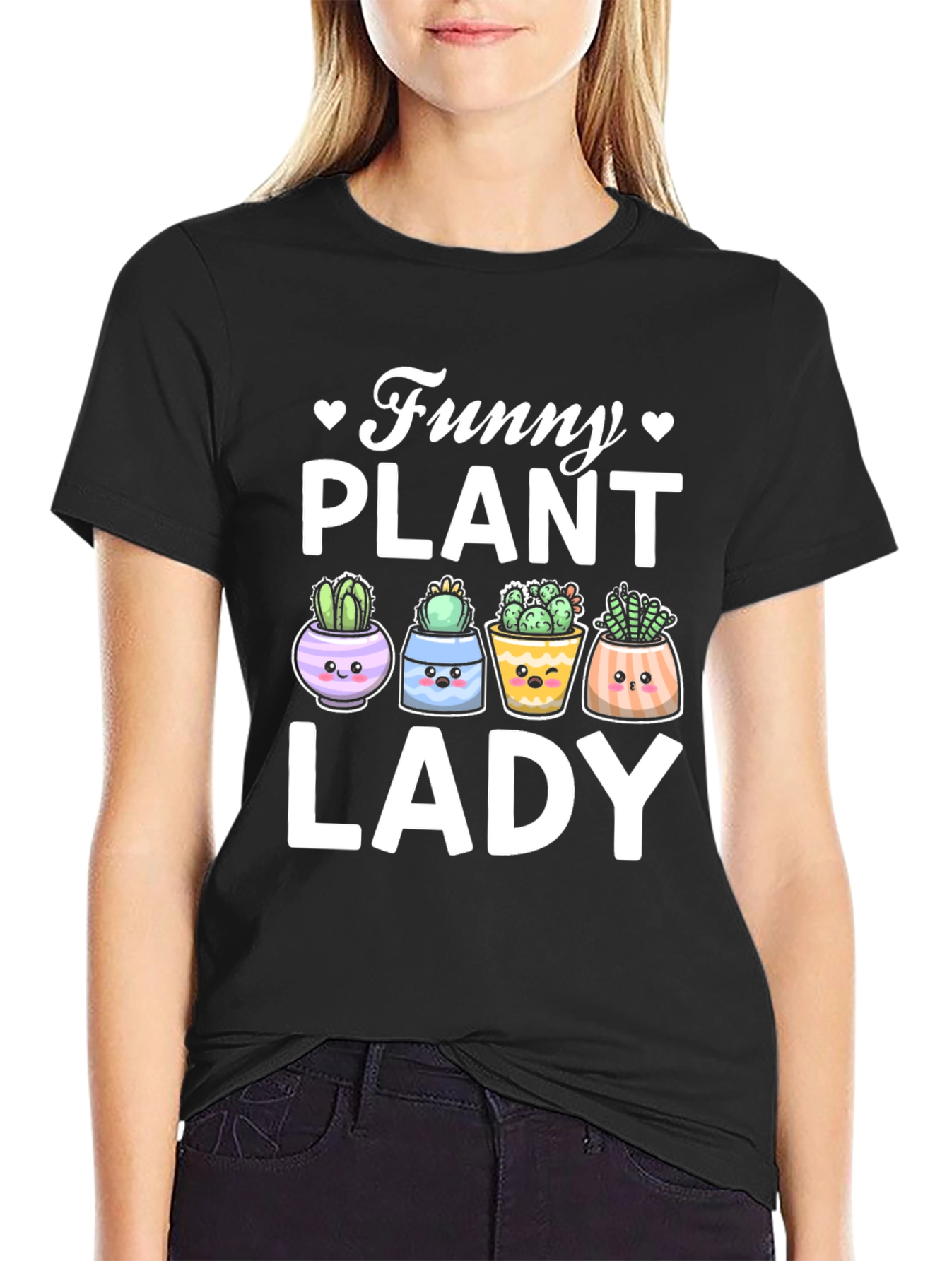 Black Funny Plant Lady T-Shirt - Cute Cactus Graphic Tee view 2