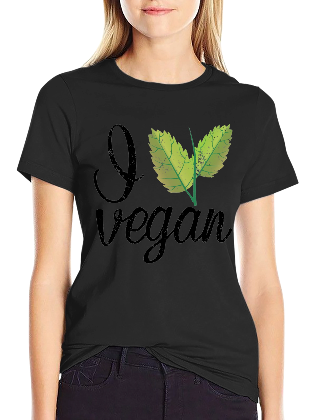 Black I Leaf Vegan T-Shirt - Black, Crew Neck view 2