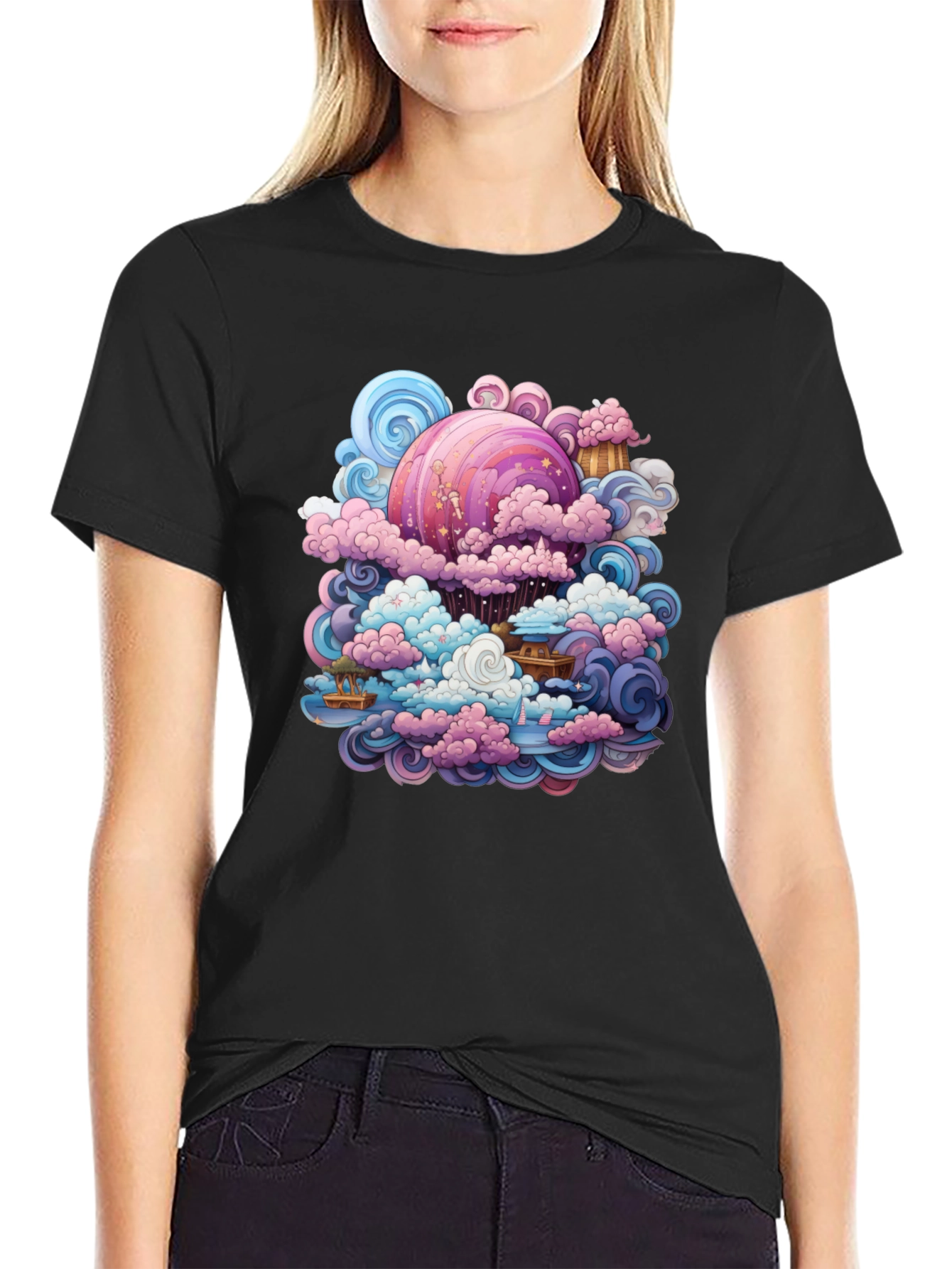 Black Whimsical Cloudscape Graphic Tee - Fantasy Design view 2