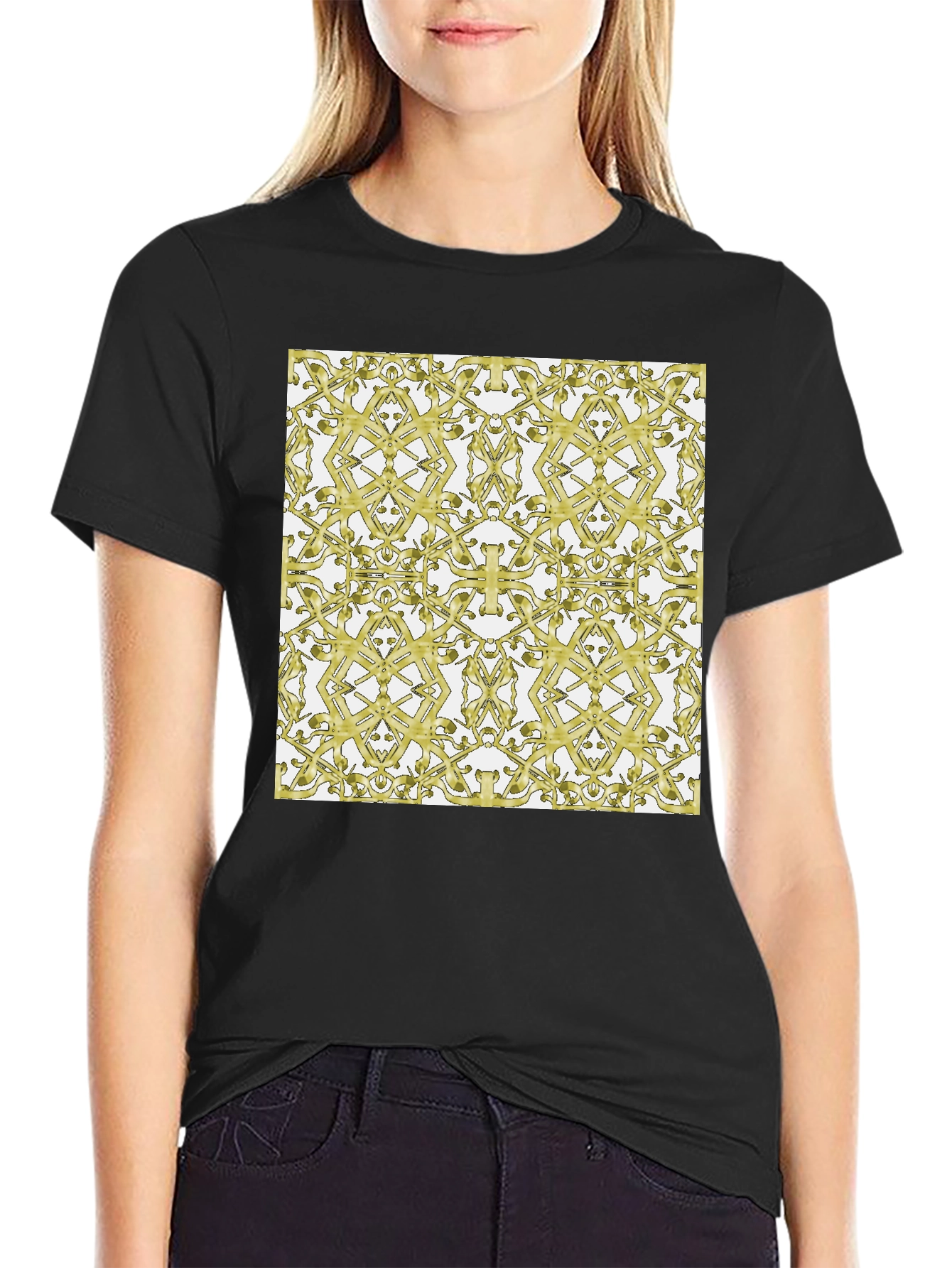 Black Gold Patterned Black T-Shirt view 2
