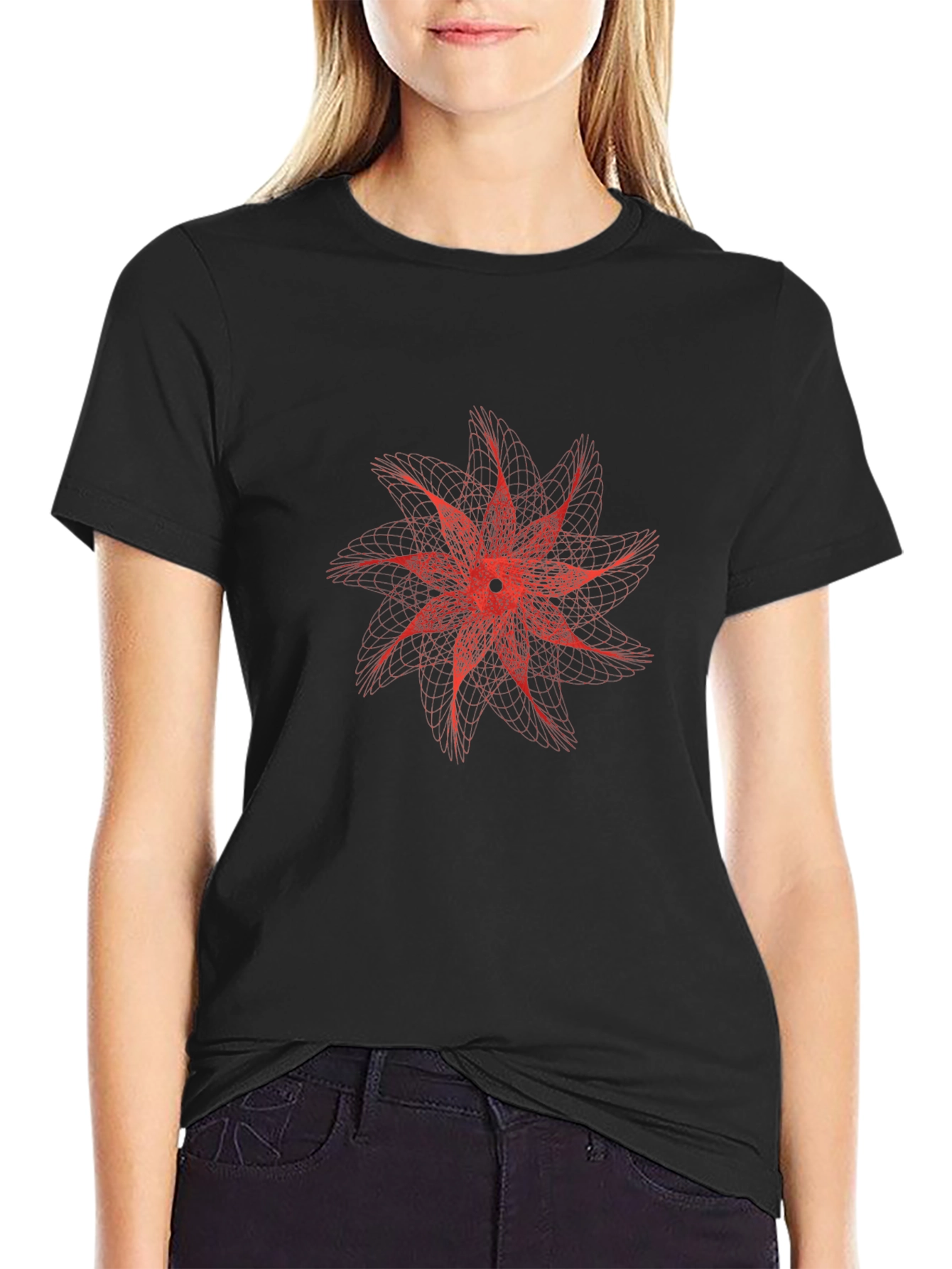 Black Geometric Red Flower Graphic Black T-Shirt view 2