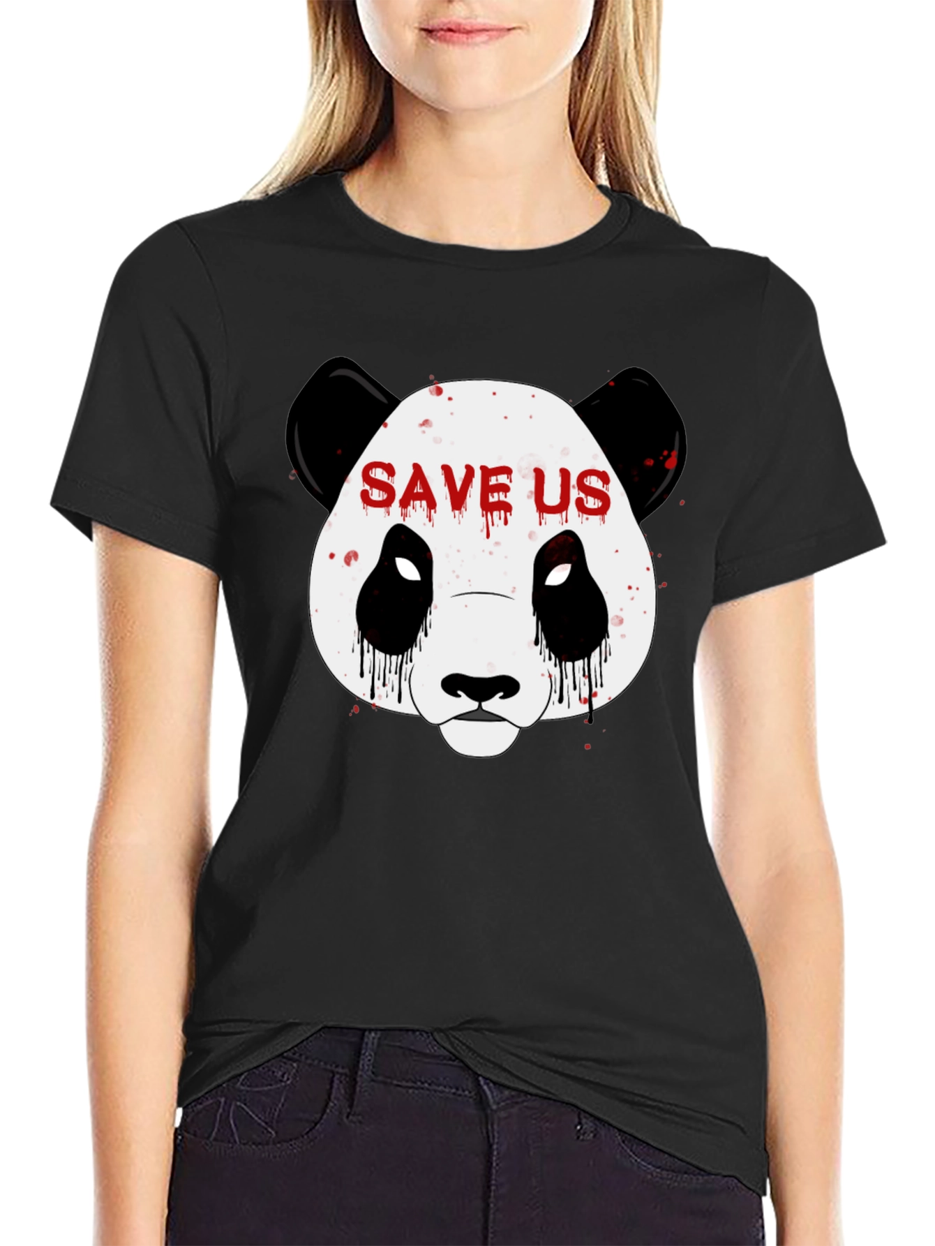 Black Save Us Panda Graphic Print Black T-Shirt view 2