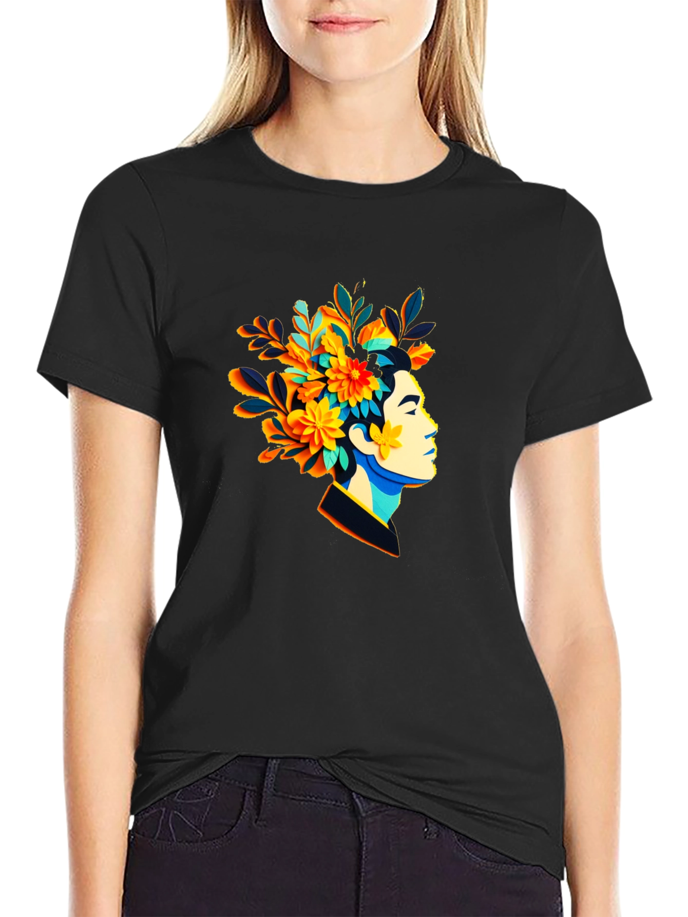 Black Floral Head T-Shirt - Unique Graphic Tee view 2