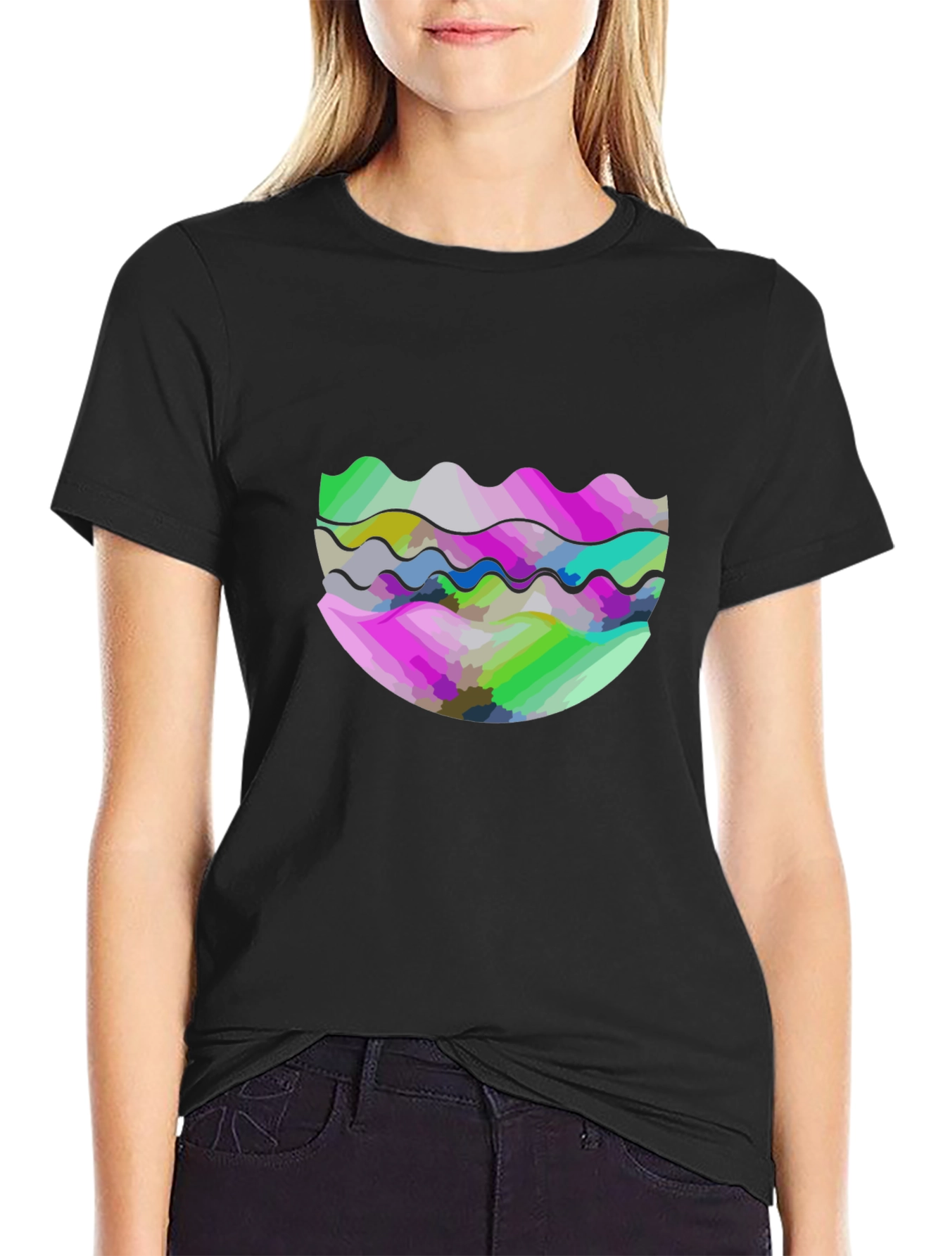 Black Abstract Wave Graphic Tee - Modern Design view 2