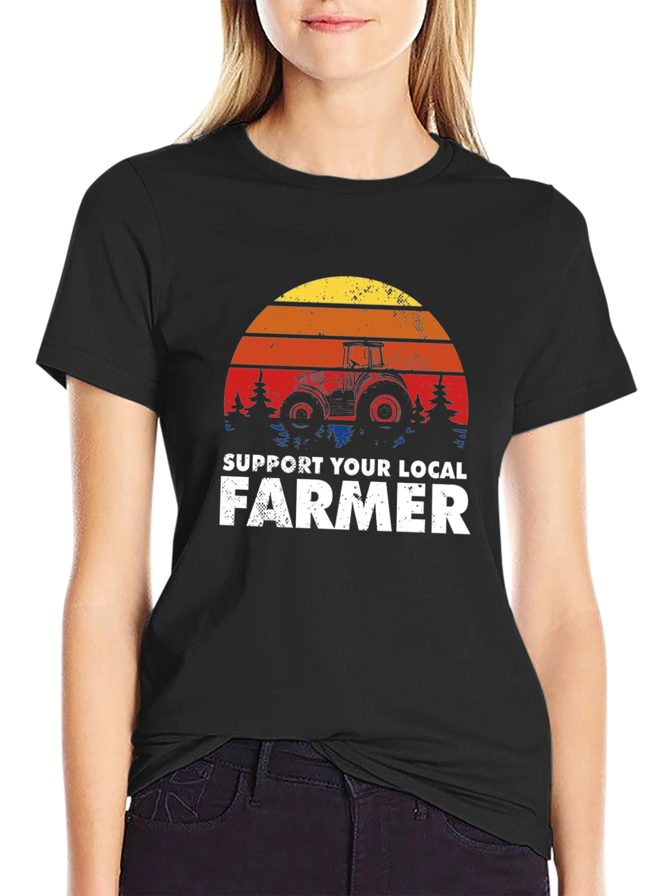 Black Support Local Farmer Tractor Graphic Tee - Retro Style view 2
