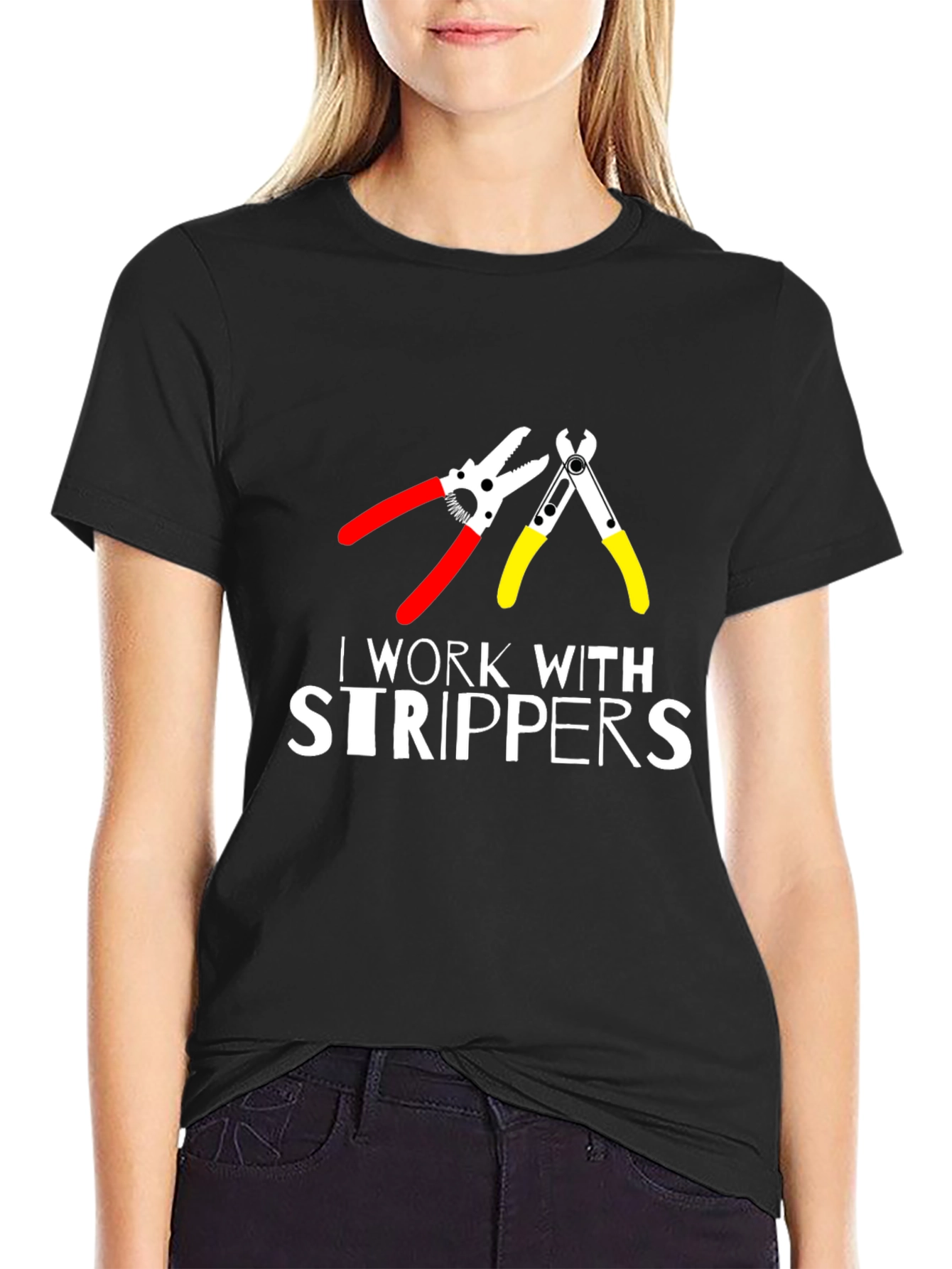 Black I Work With Strippers T-Shirt - Electrician Humor Tee view 2