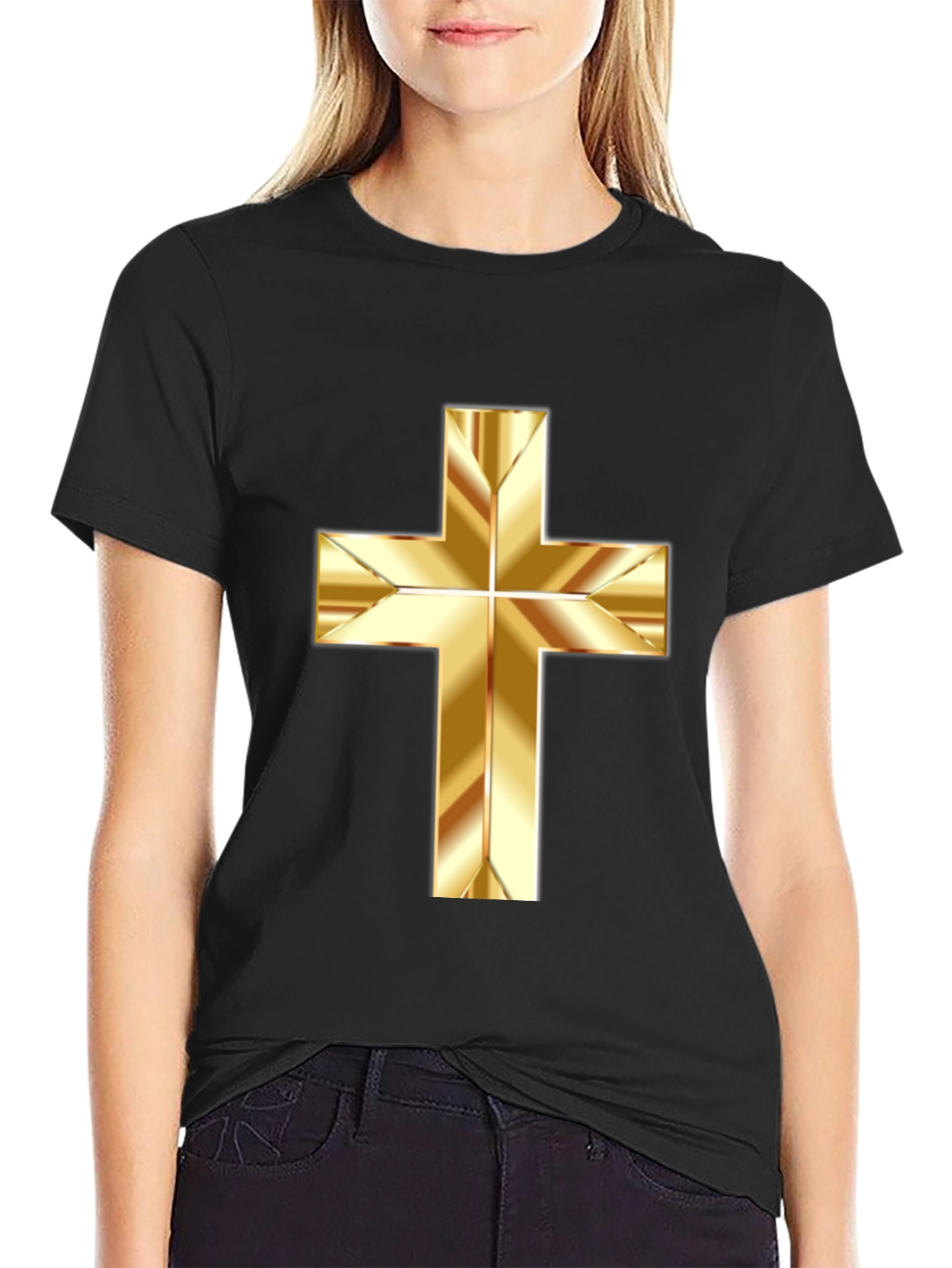 Black Gold Cross Graphic Print Black T-Shirt view 2