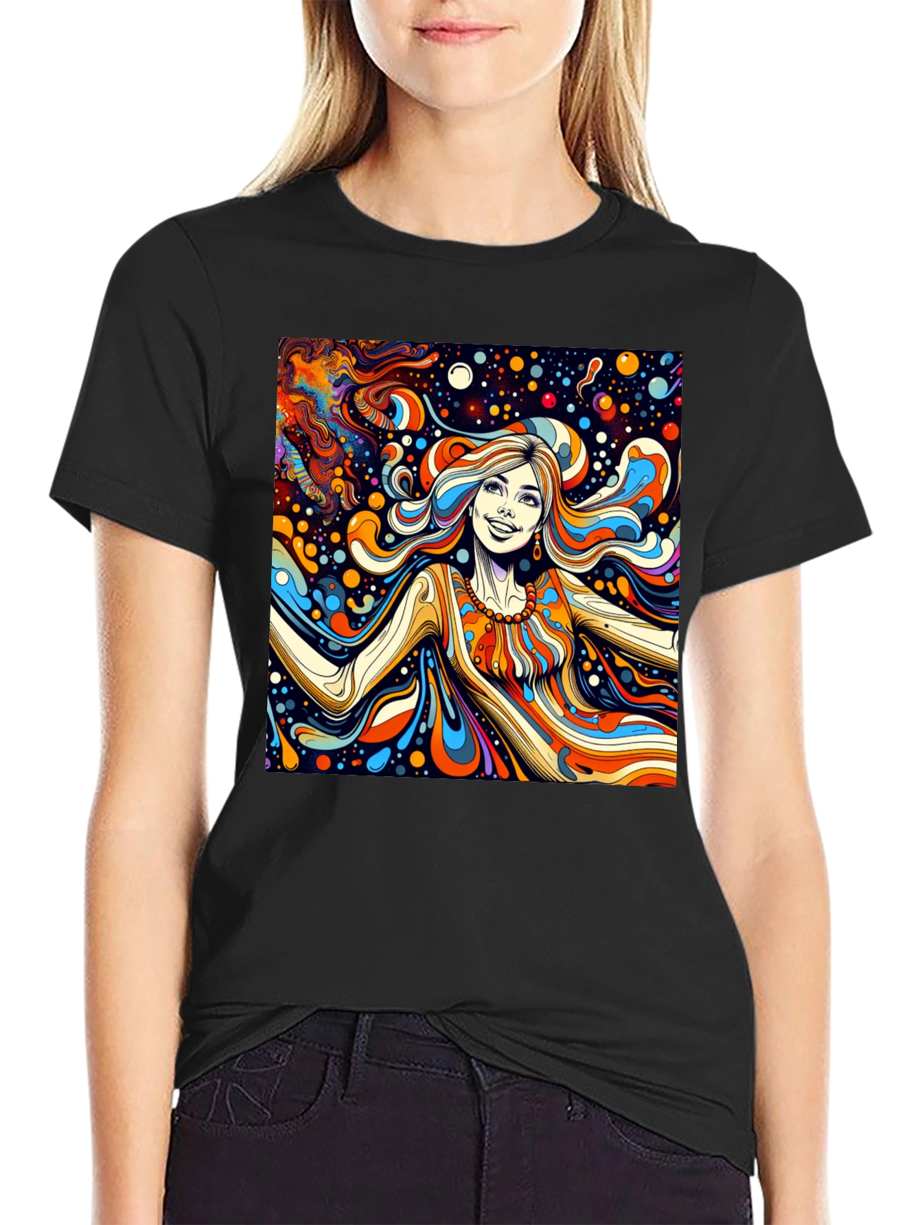 Black Psychedelic Art Tee: Vibrant Retro Style view 2