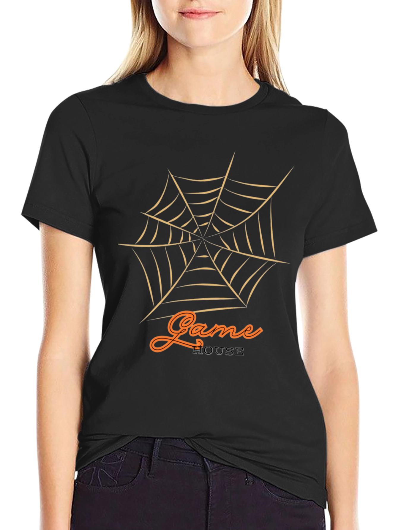 Black Game House Halloween Spider Web Graphic T-Shirt view 2