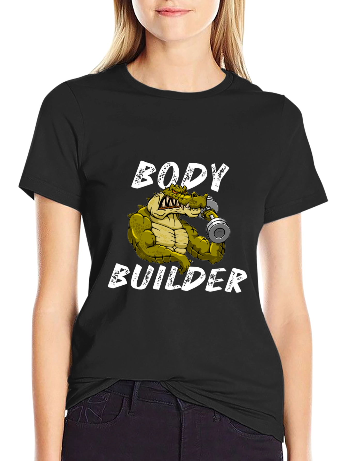 Black Body Builder Crocodile T-Shirt - Funny Gym Tee view 2