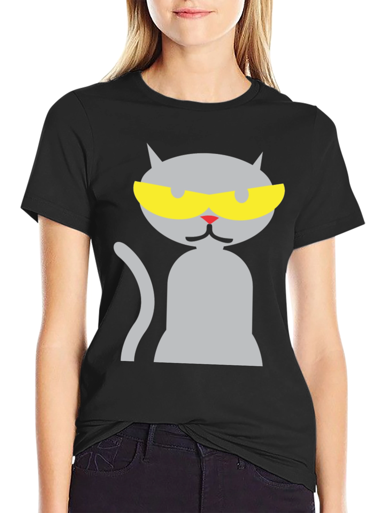 Black Cool Cat Graphic Tee - Black Cotton Blend Shirt view 2