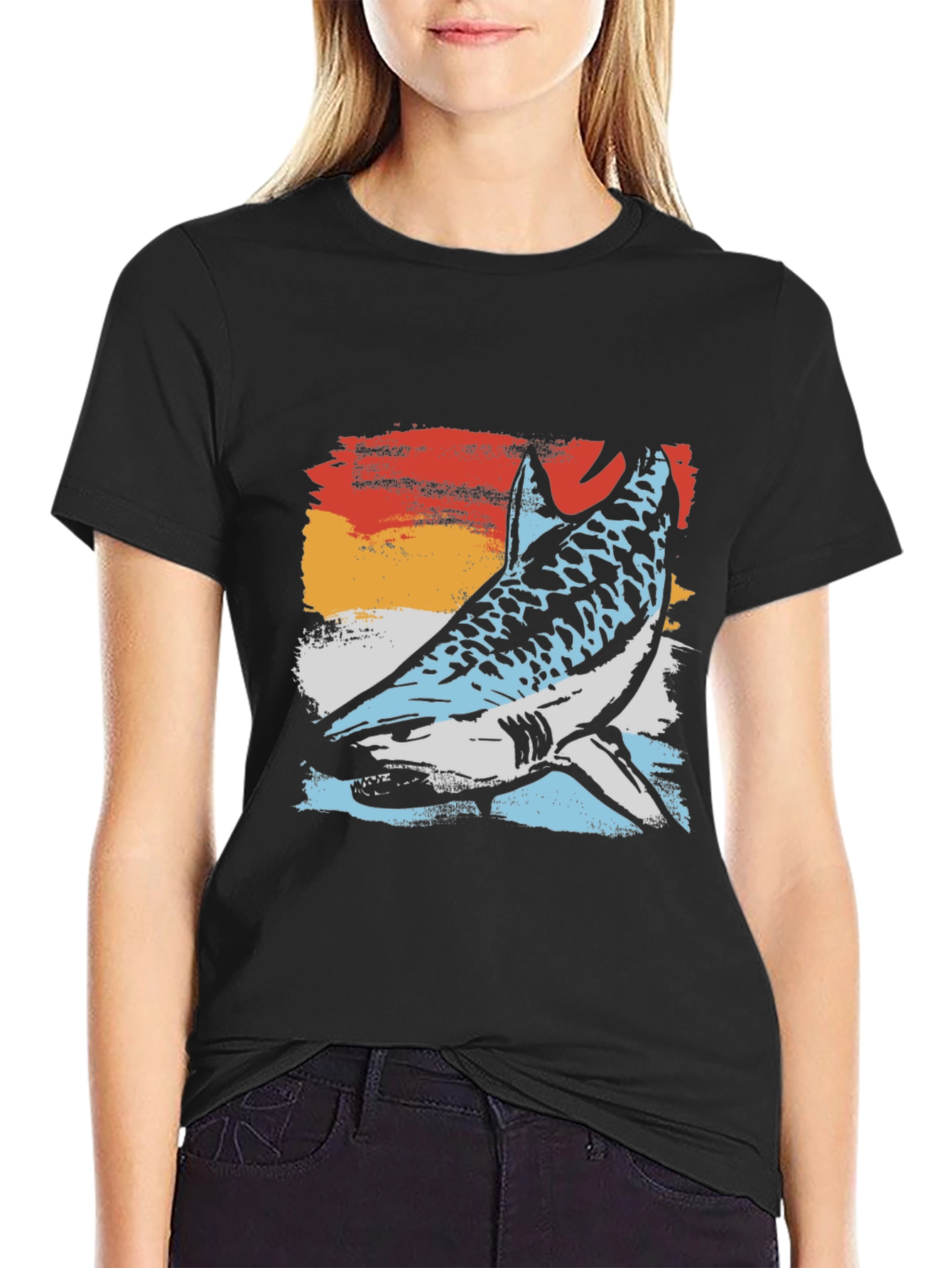 Black Retro Shark Graphic Tee - Black Cotton Blend T-Shirt view 2