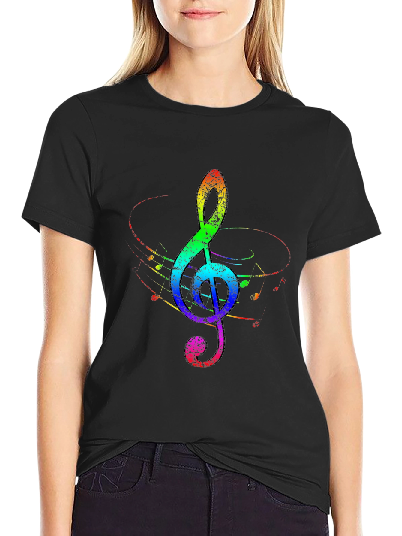 Black Rainbow Treble Clef Black T-Shirt view 2