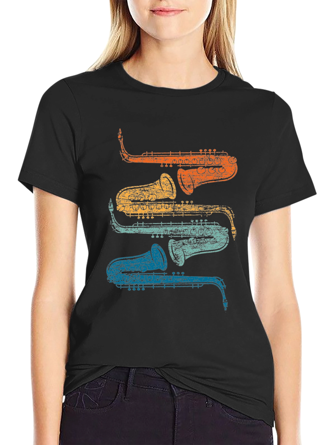 Black Retro Saxophone Stacked T-Shirt - Cool Musician Tee view 2