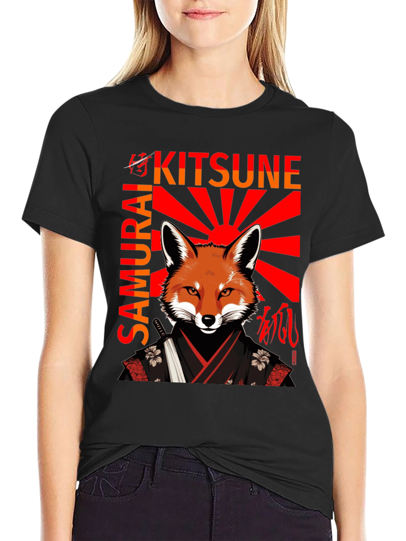 Black Samurai Kitsune T-Shirt Japanese Fox Warrior Design view 2