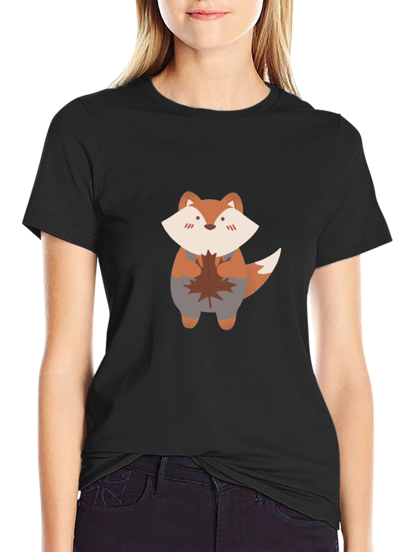 Black Cute Fox & Maple Leaf Black T-Shirt view 2