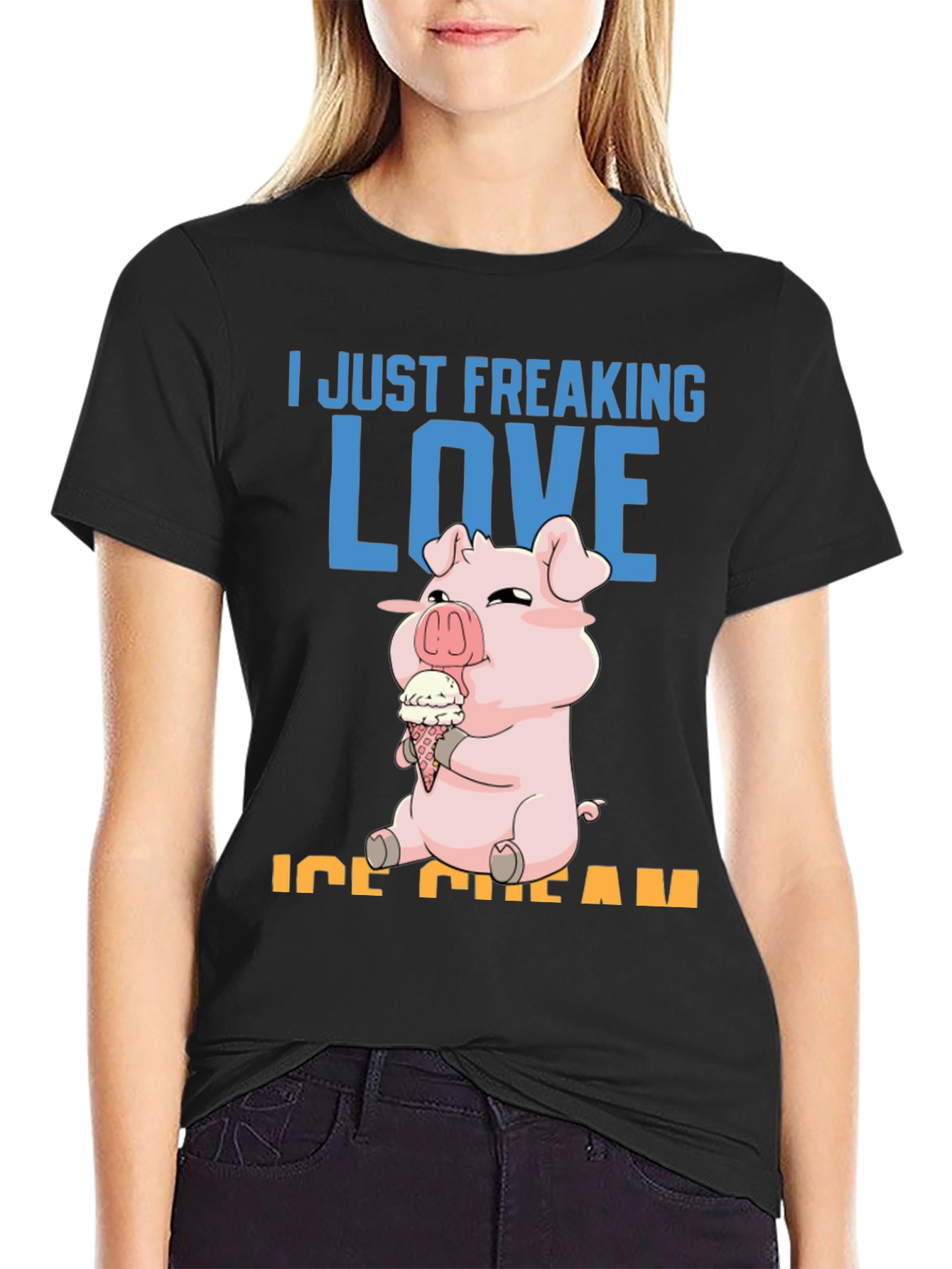 Black I Just Freaking Love Ice Cream Pig T-Shirt view 2