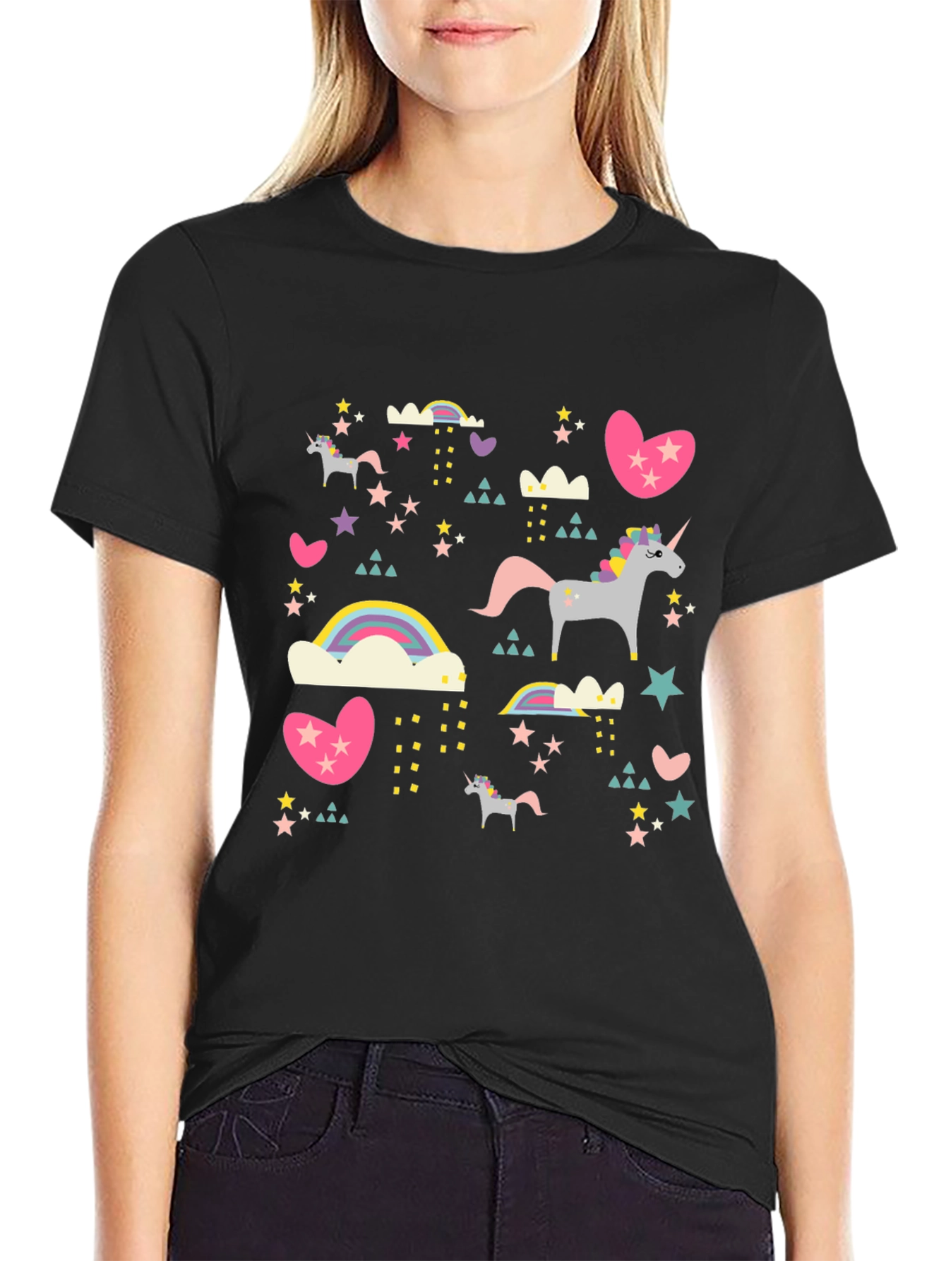 Black Unicorn & Rainbow Print Black T-Shirt view 2