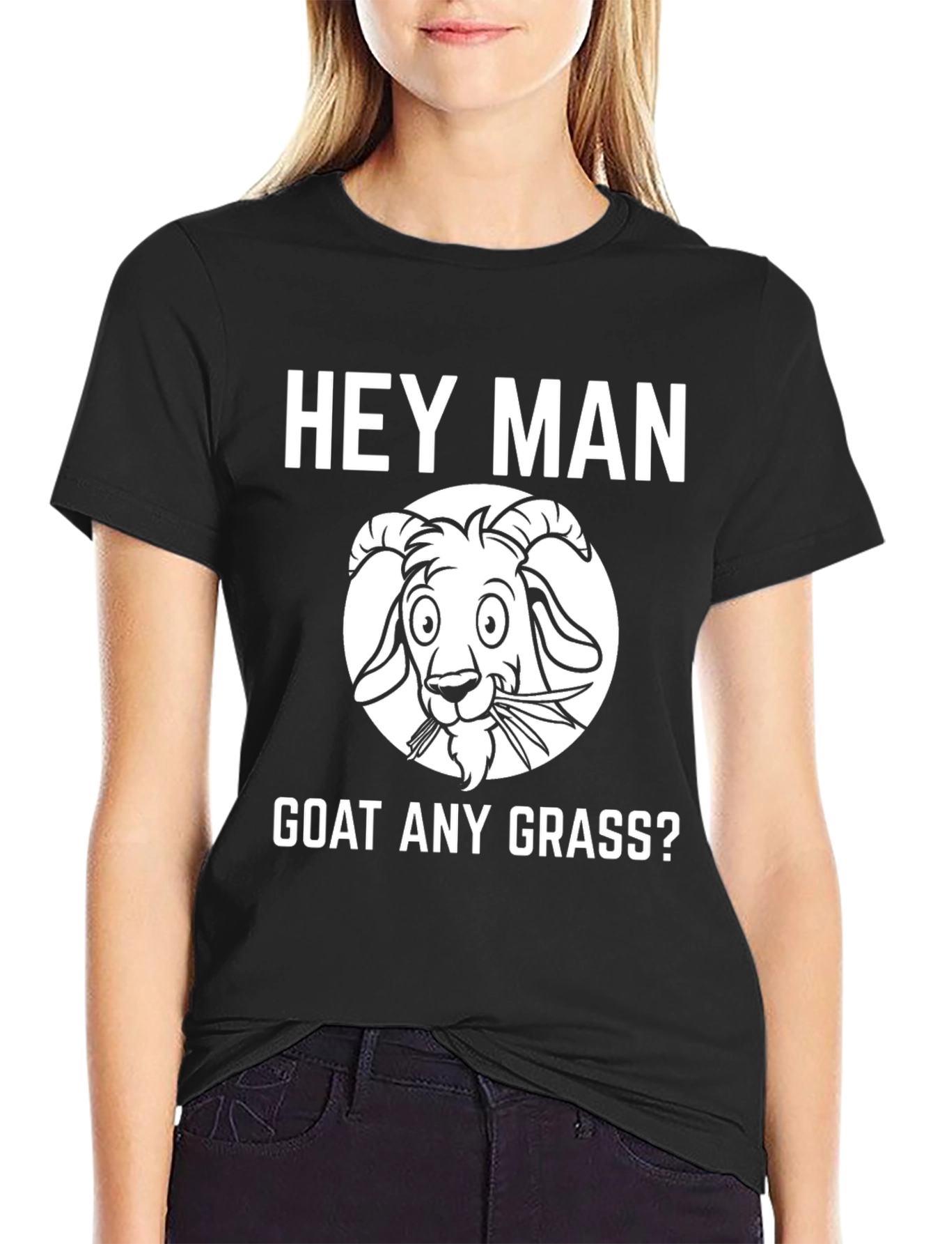 Black Hey Man Goat Any Grass Funny Black T-Shirt view 2