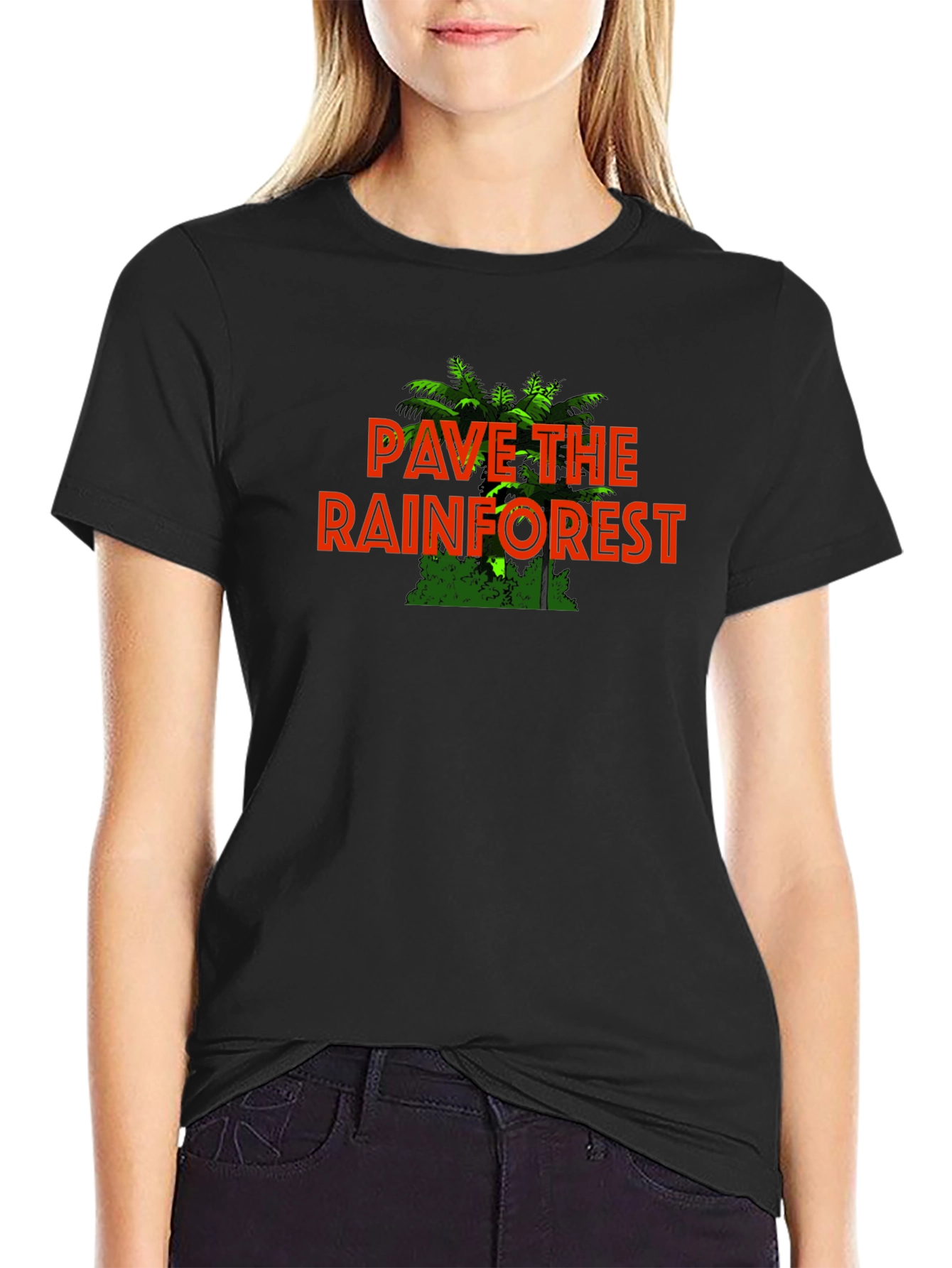 Black Pave the Rainforest Graphic Tee - Eco-Humor Black T-Shirt view 2