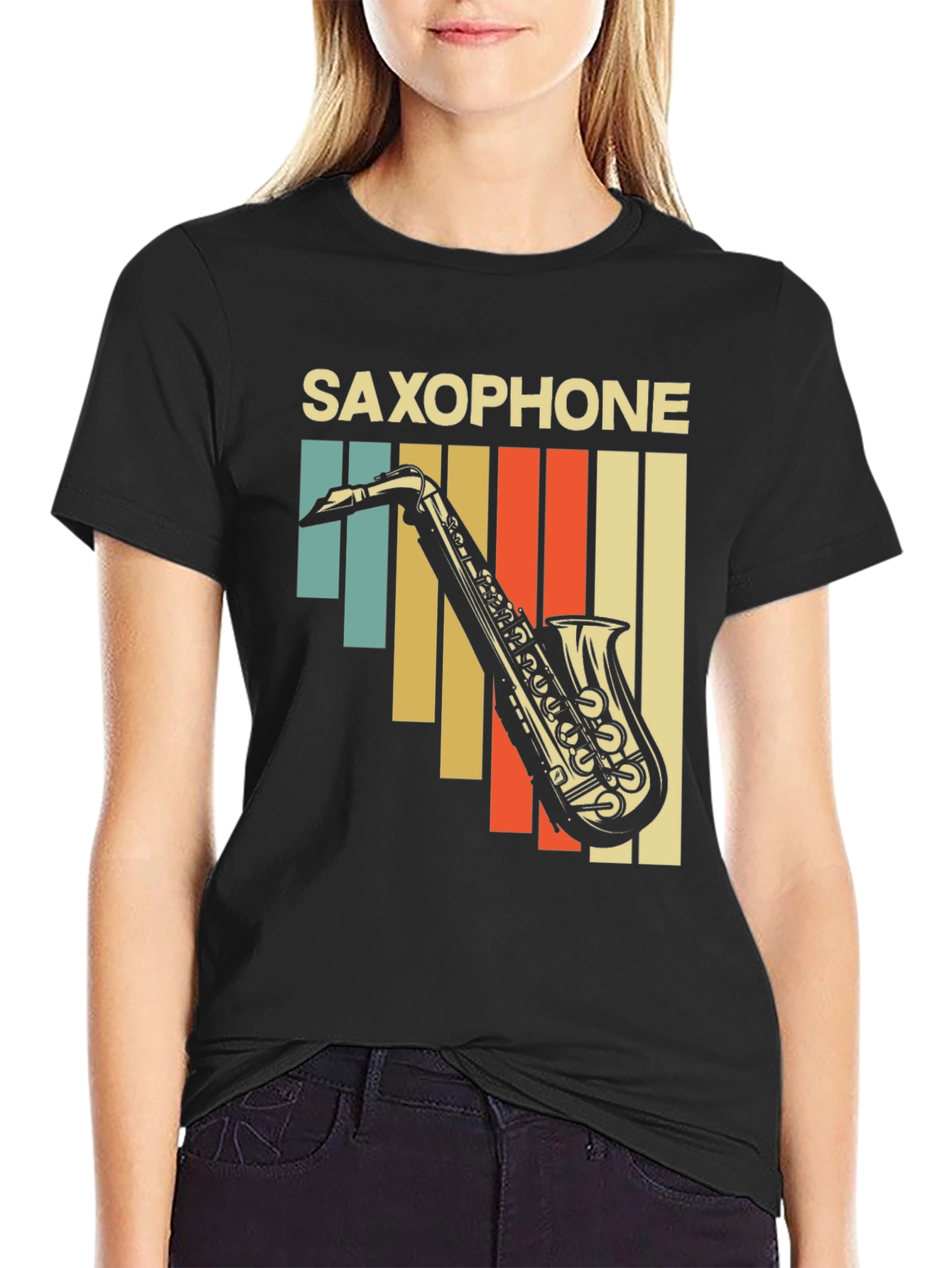 Black Retro Saxophone Graphic T-Shirt - Vintage Style Music Tee view 2