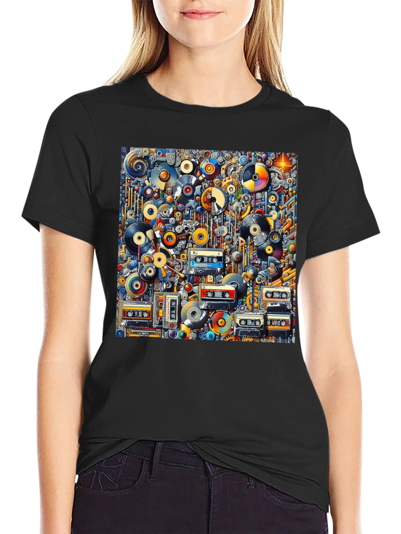 Black Retro Music T-Shirt: Vinyl, Cassettes, & Cool Design view 2