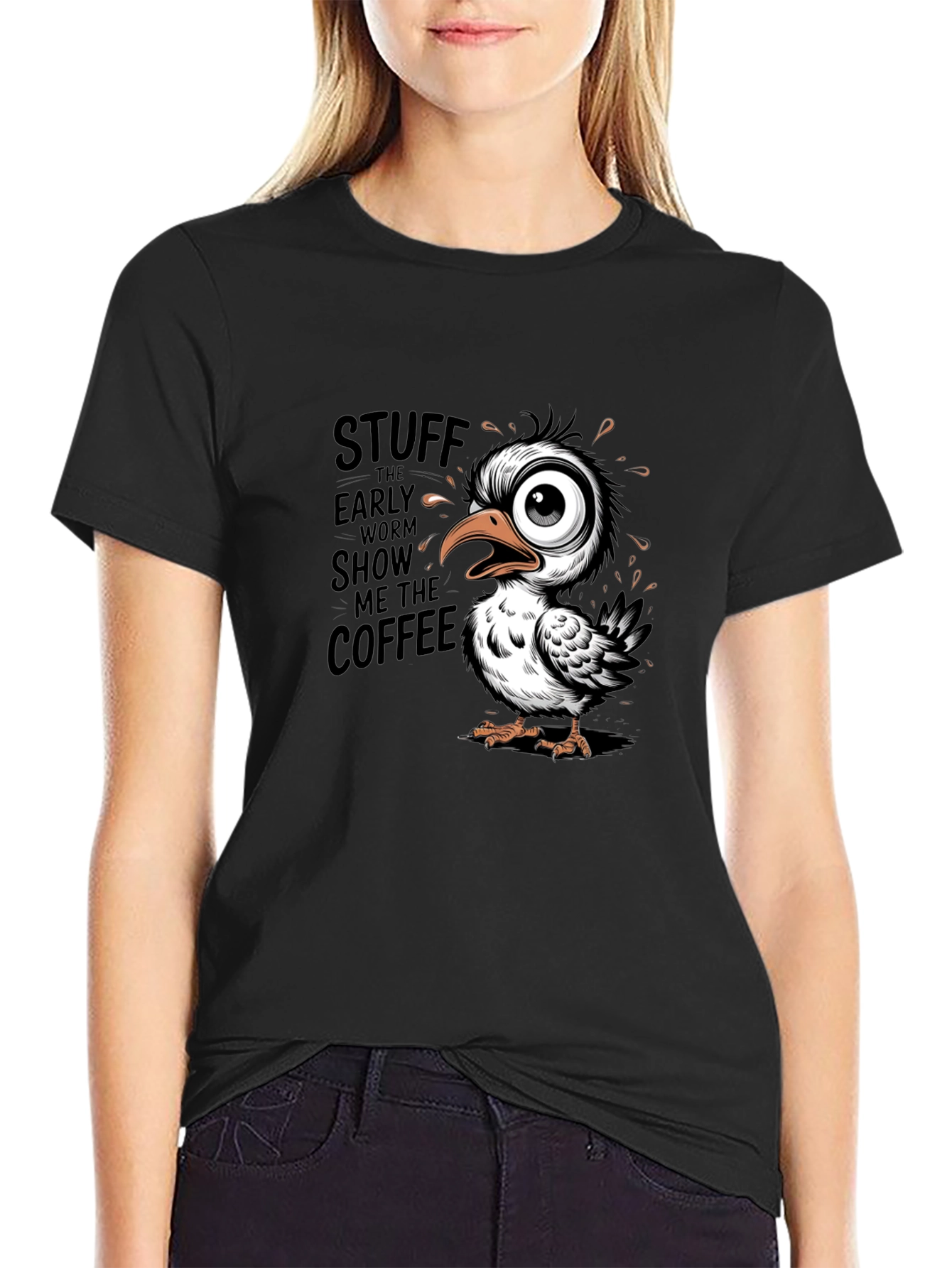 Black Funny Coffee Bird Graphic Black T-Shirt view 2