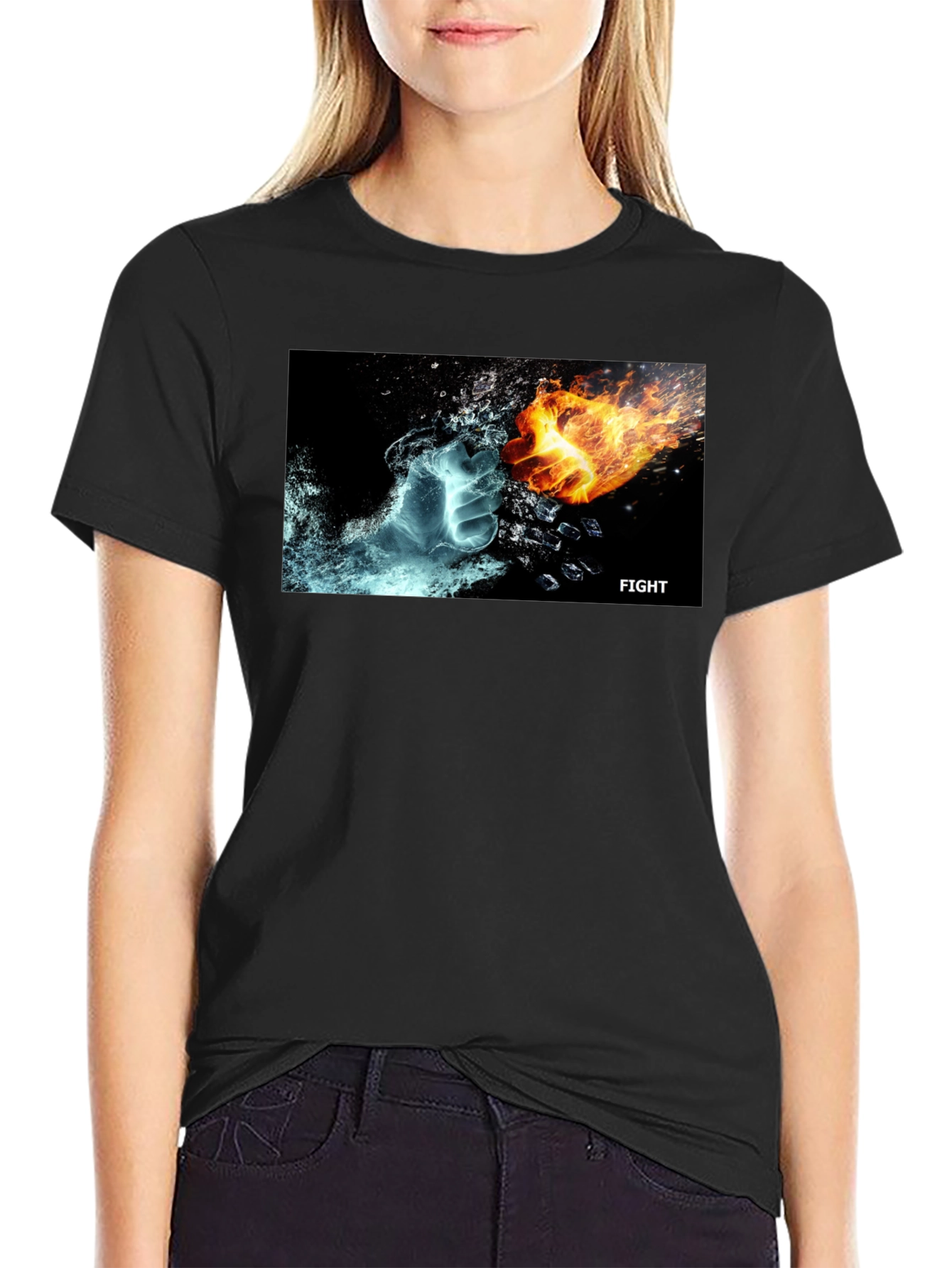 Black Fire & Ice Fight T-Shirt - Cool Graphic Tee view 2