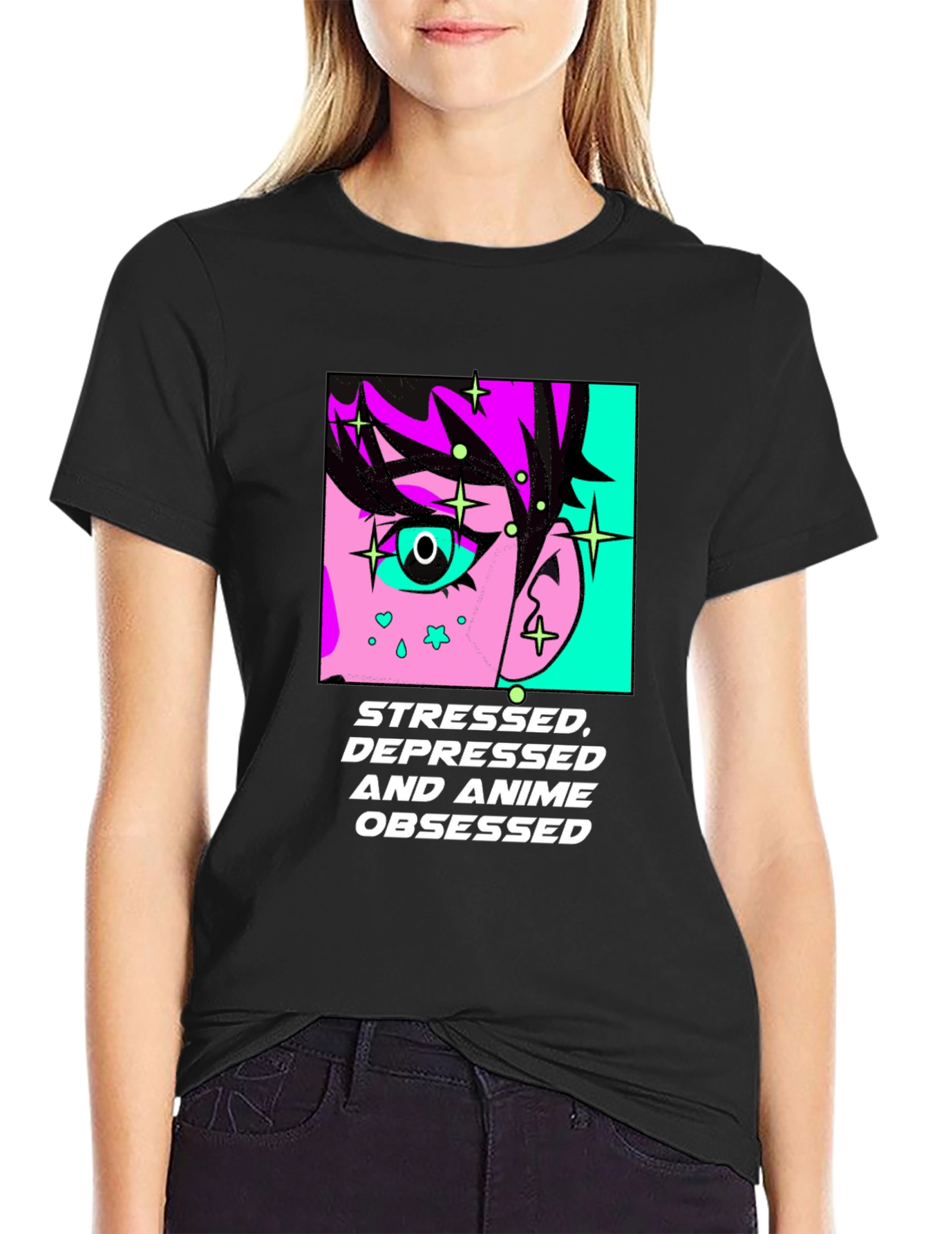 Black Stressed Depressed Anime Obsessed Black T-Shirt view 2