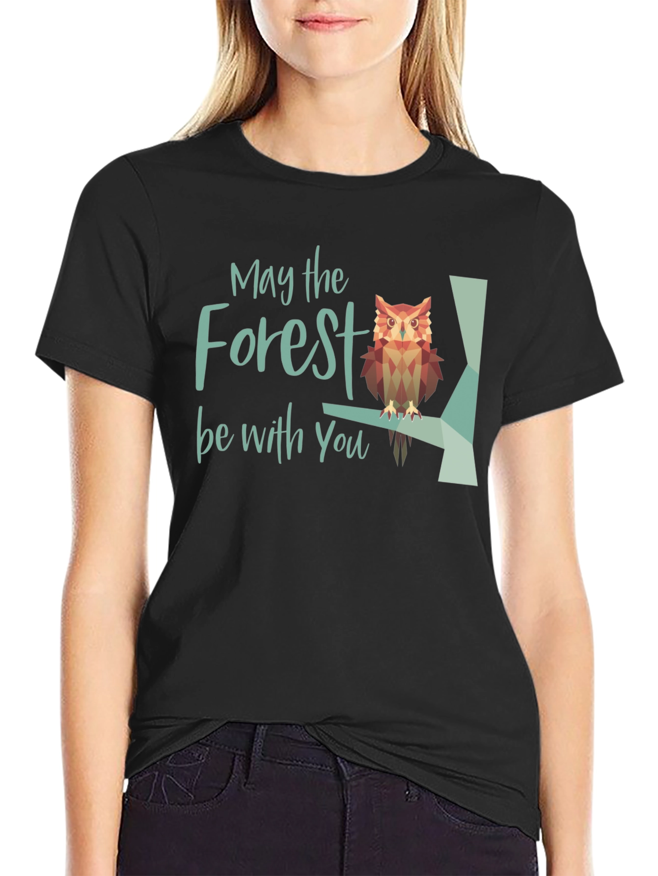 Black May the Forest Be With You Owl Graphic T-Shirt view 2