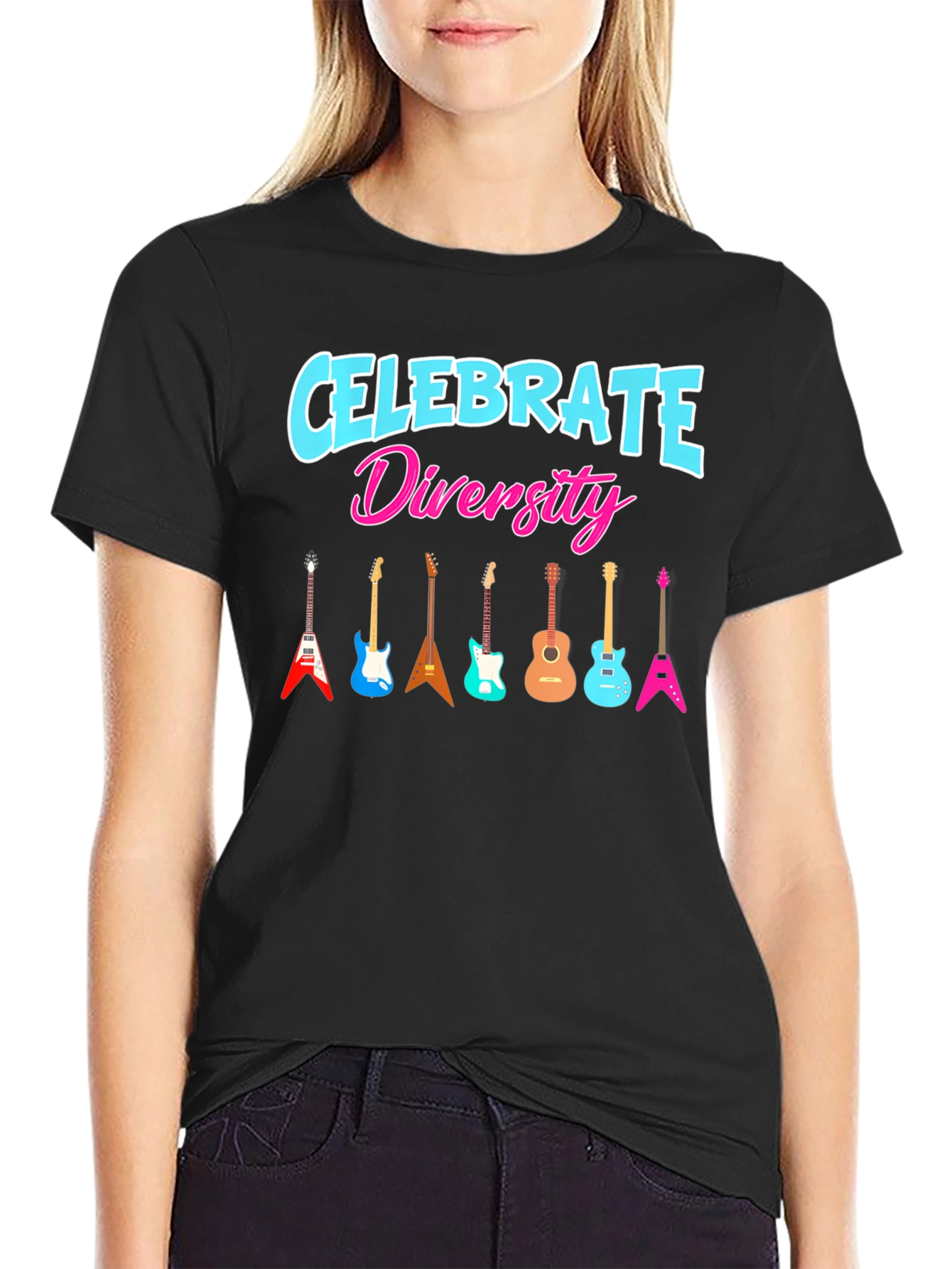 Black Celebrate Diversity Guitar Graphic T-Shirt view 2