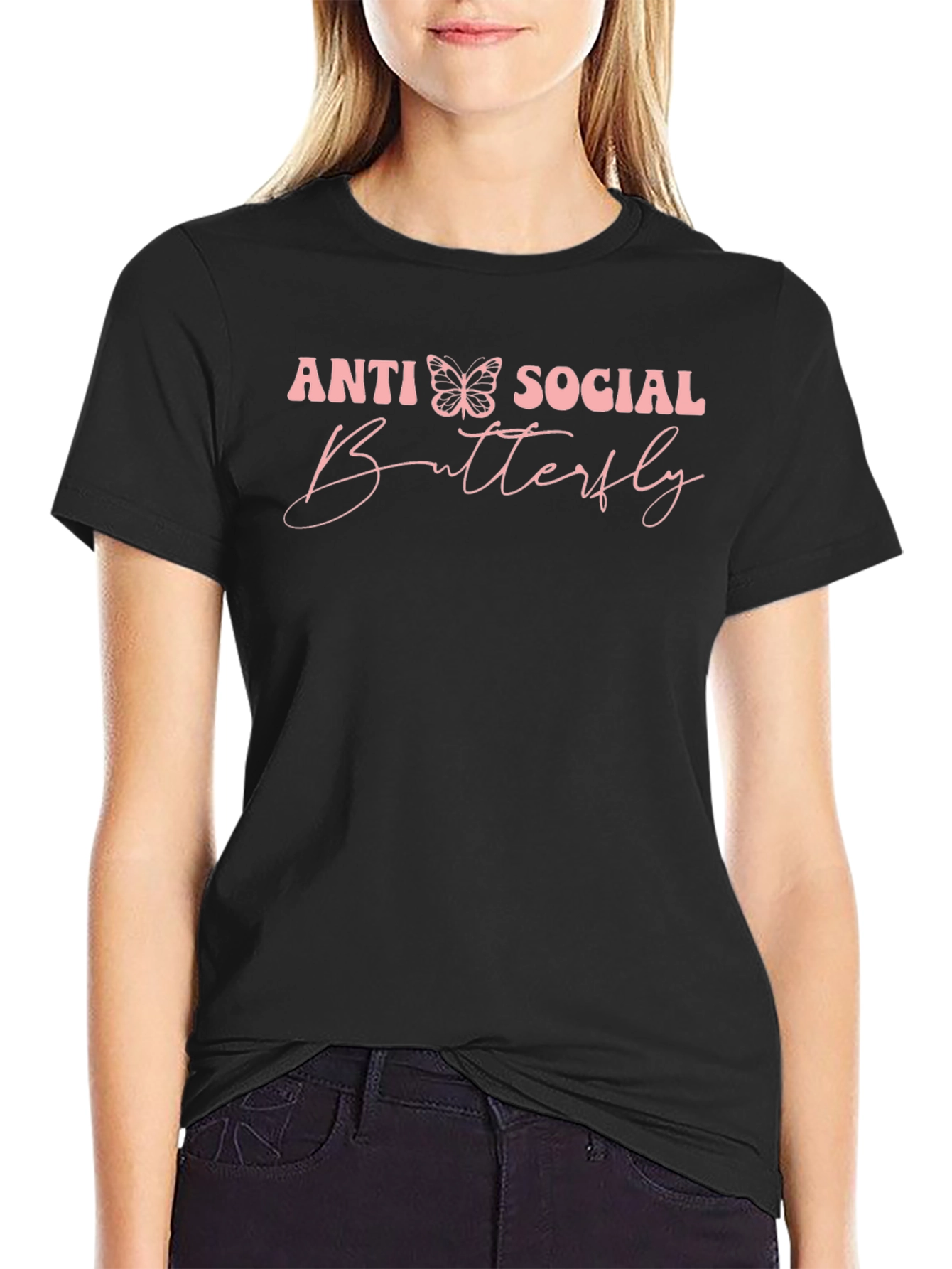Black Anti Social Butterfly Graphic T-Shirt view 2