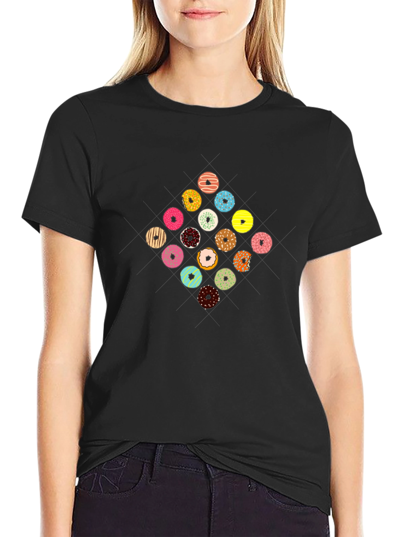 Black Donut Pattern Black T-Shirt view 2