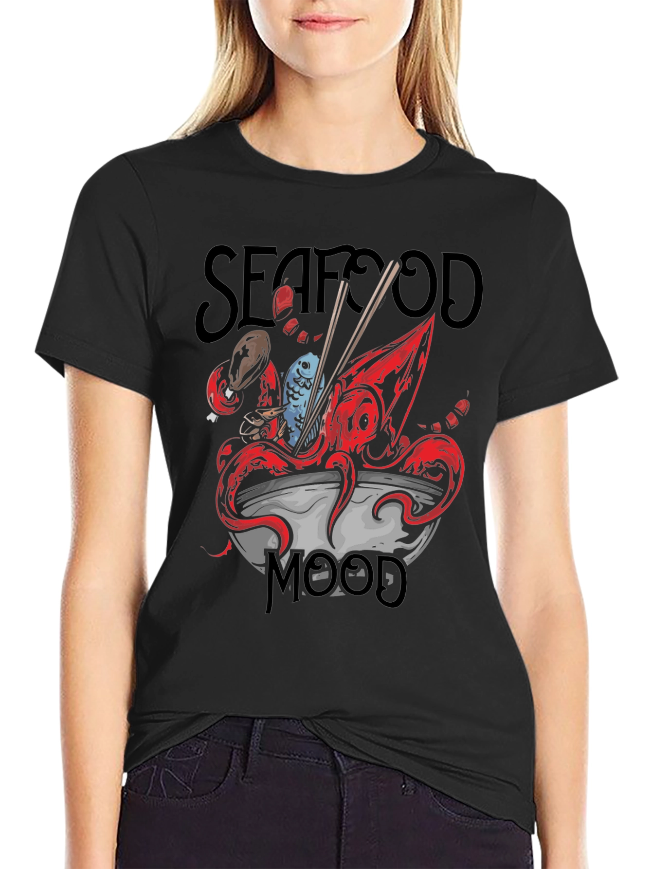 Black Seafood Mood Graphic Tee - Unique Octopus Ramen Design view 2