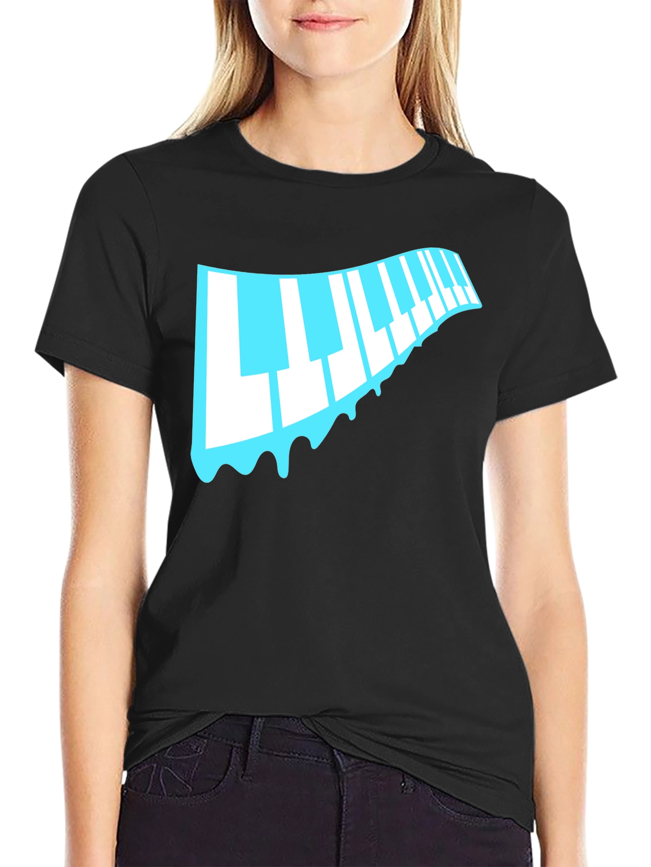 Black Cool Piano Keys Drip Graphic Black T-Shirt view 2
