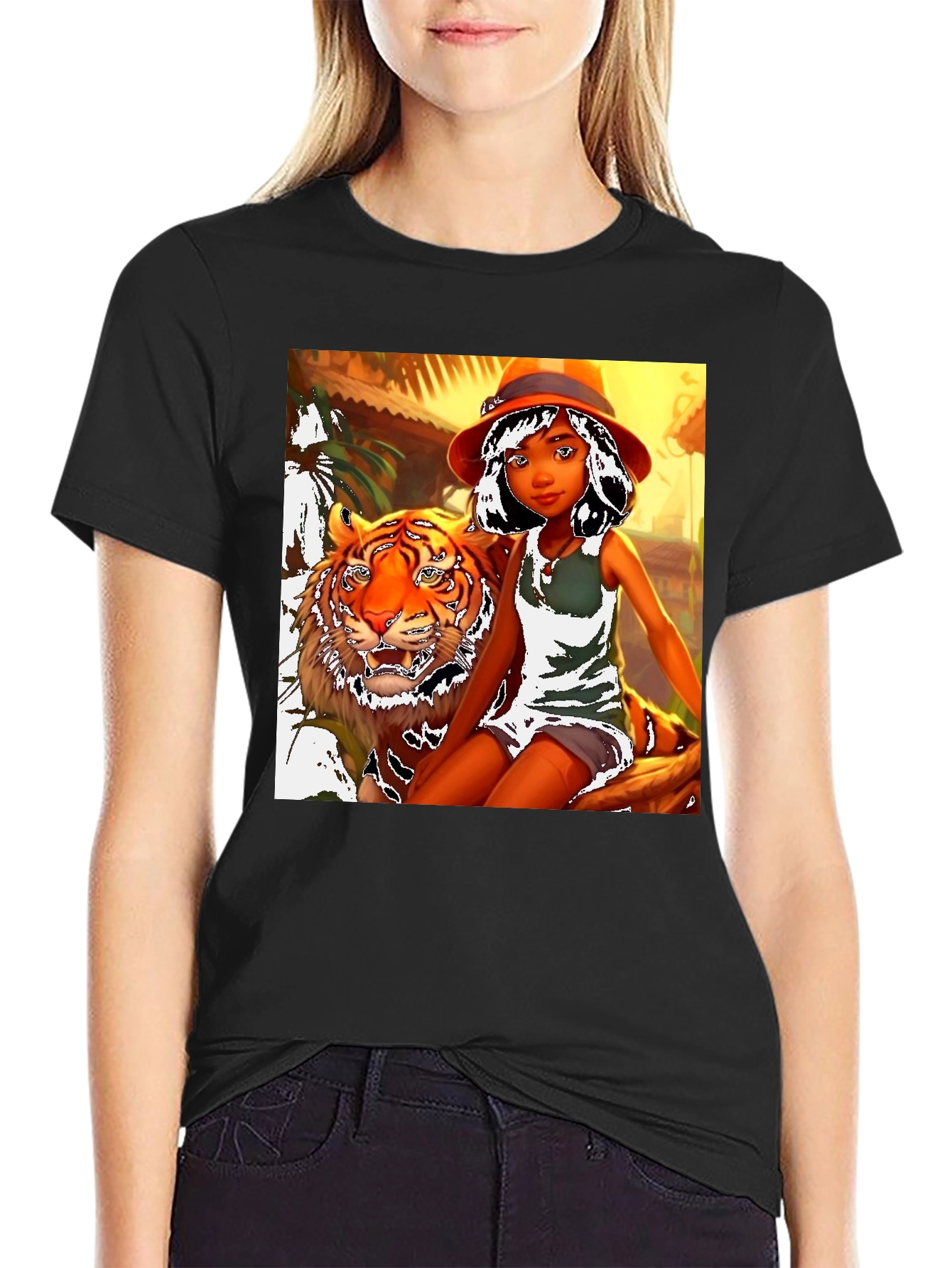 Black Jungle Girl & Tiger Graphic Tee view 2
