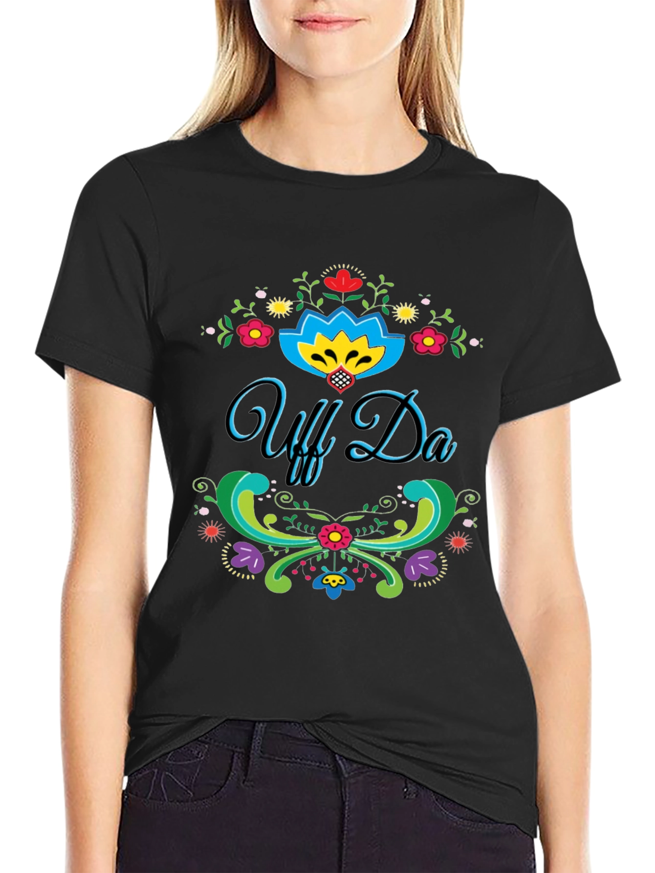 Black Uff Da! Graphic T-Shirt - Colorful Floral Design view 2