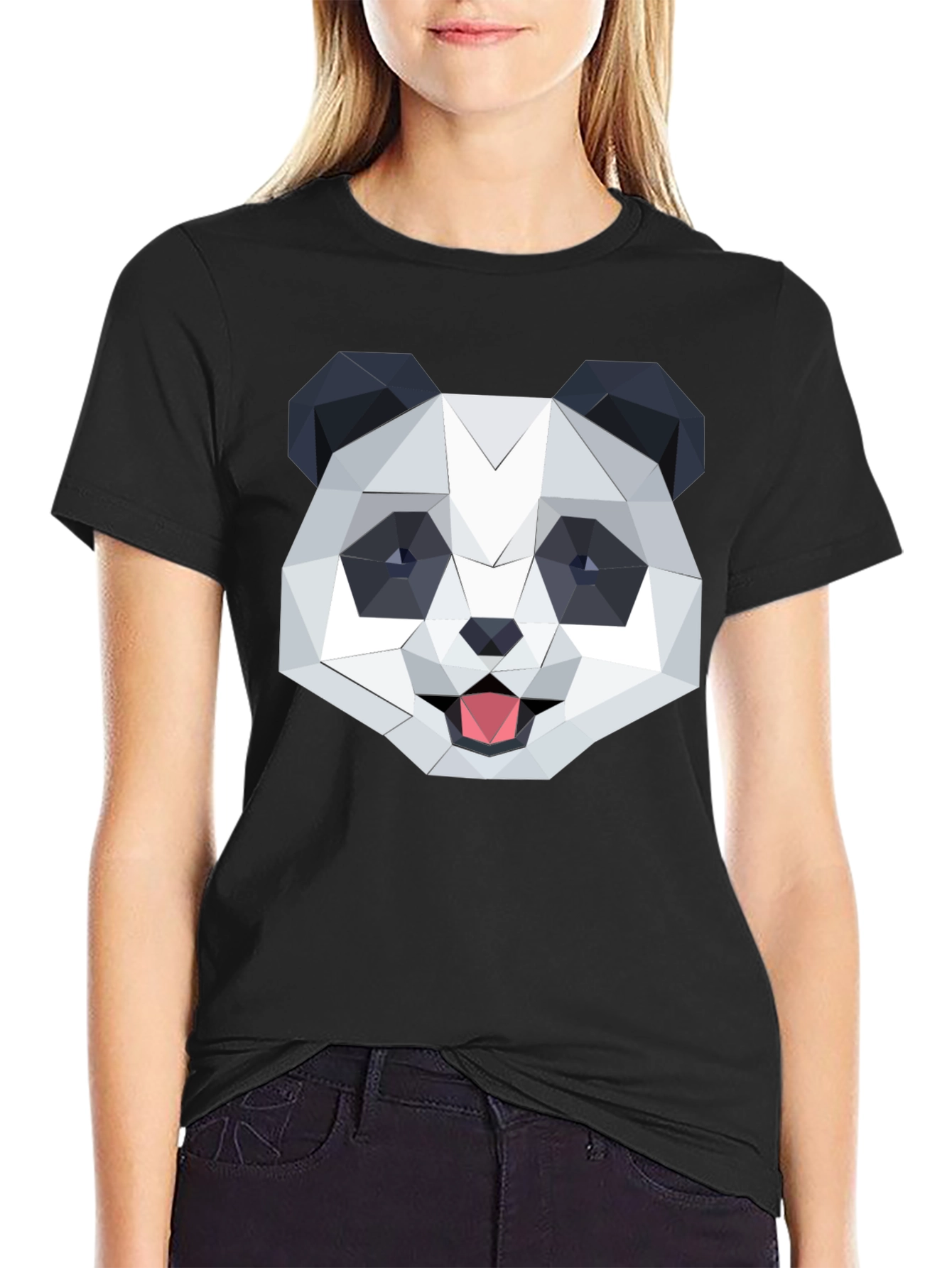 Black Geometric Panda Graphic Black T-Shirt view 2