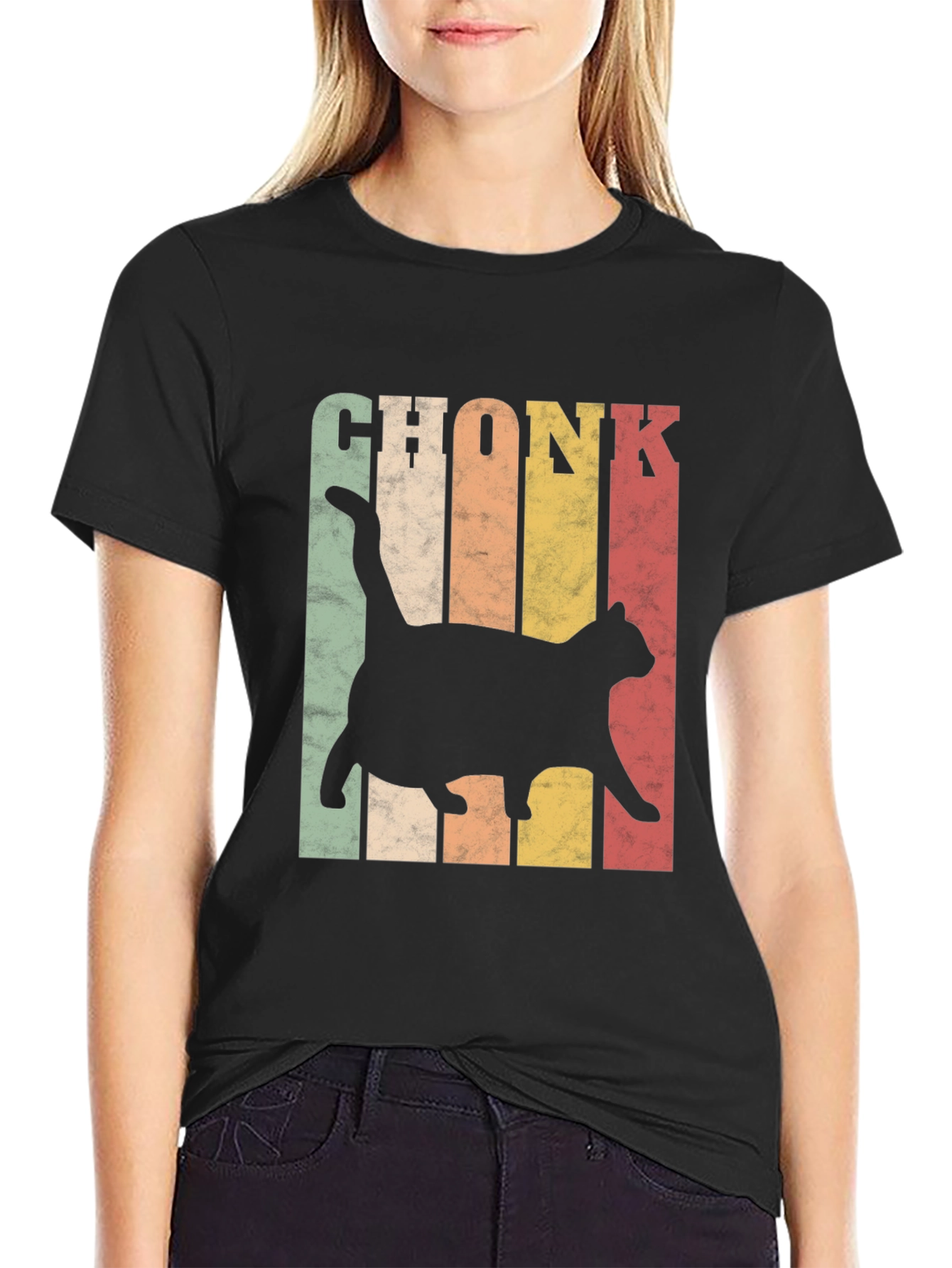 Black Chonk Cat Retro Style T-Shirt view 2