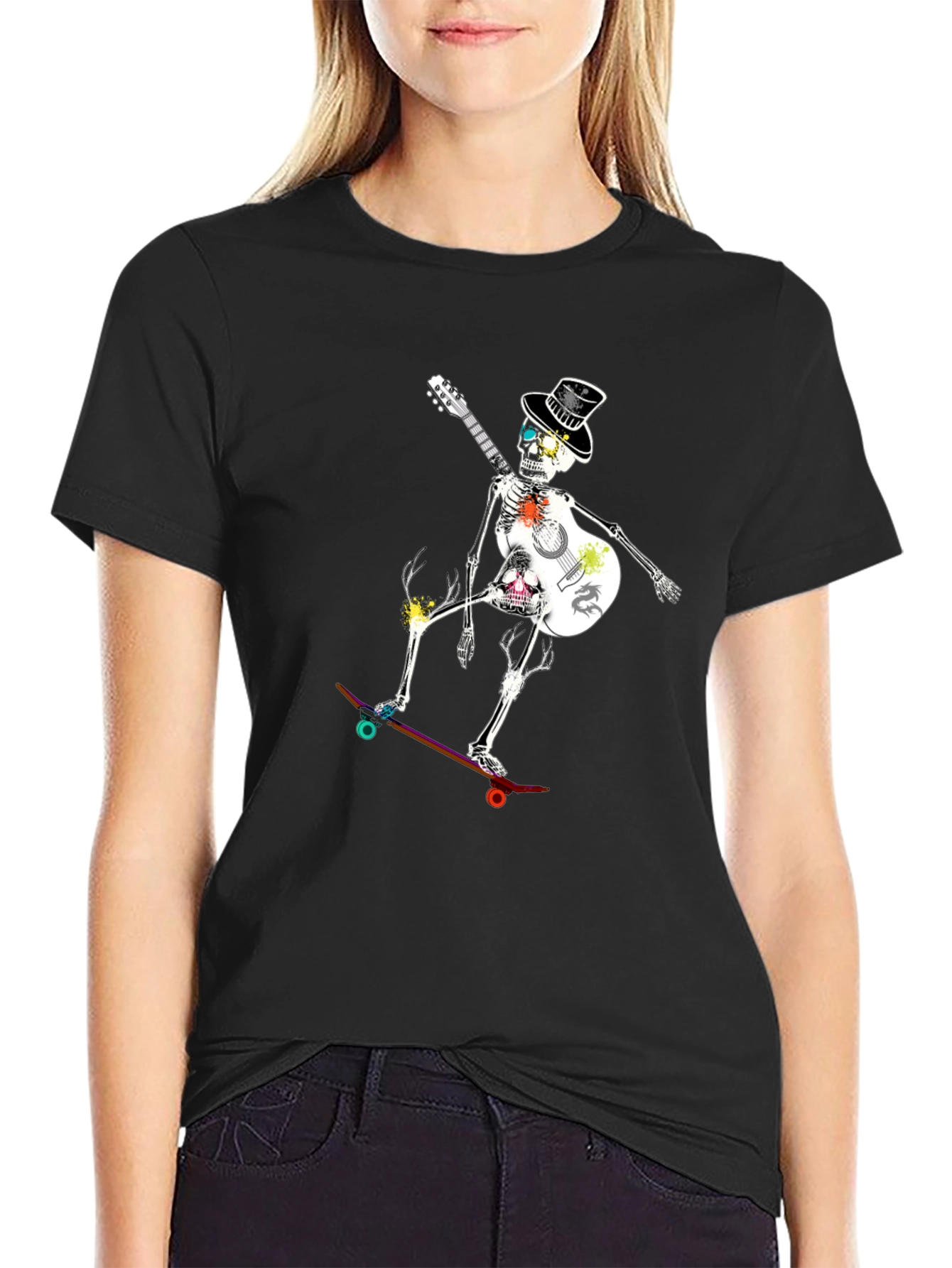 Black Skateboard Skeleton Guitarist Graphic Tee view 2