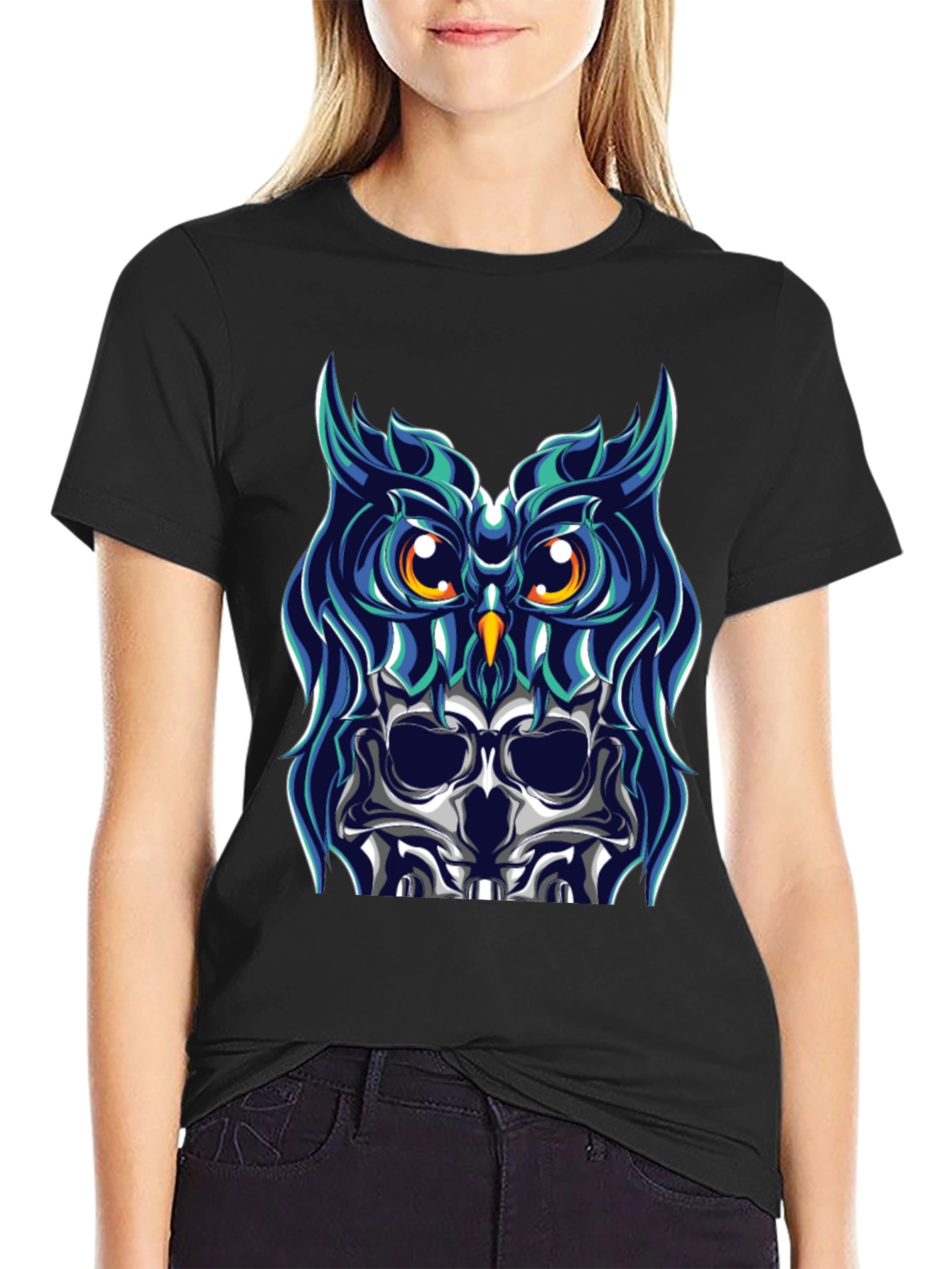 Black Owl Skull Graphic Tee - Unique Design view 2