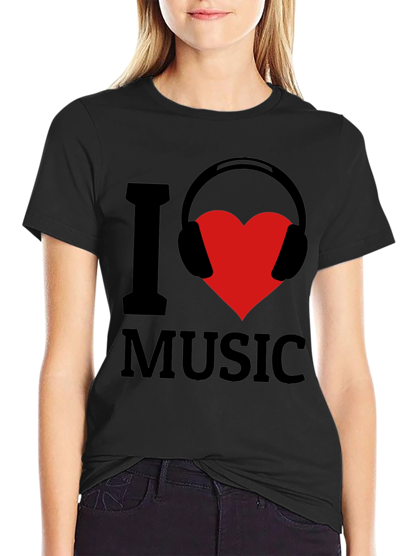 Black I Love Music T-Shirt - Heart Headphones Graphic Tee view 2