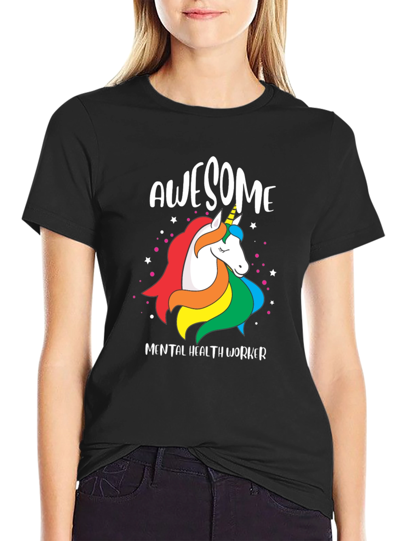 Black Awesome Mental Health Worker Unicorn T-Shirt view 2