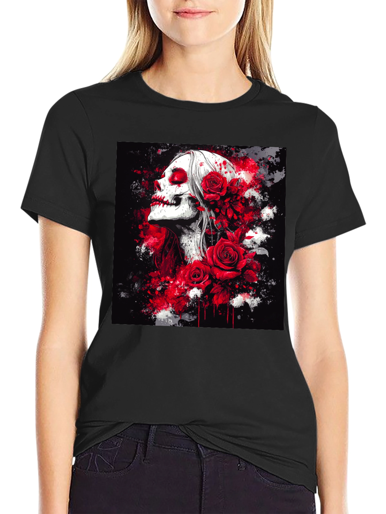 Black Skull & Roses Graphic Tee view 2