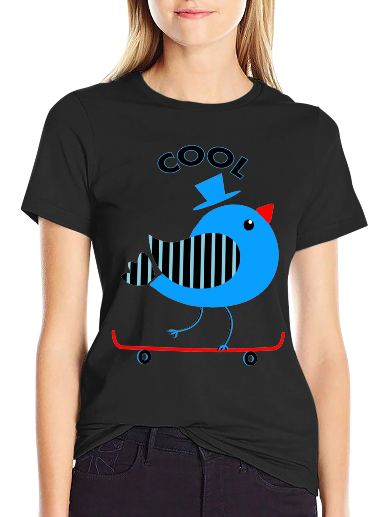 Black Cool Bird on Skateboard Graphic Tee view 2