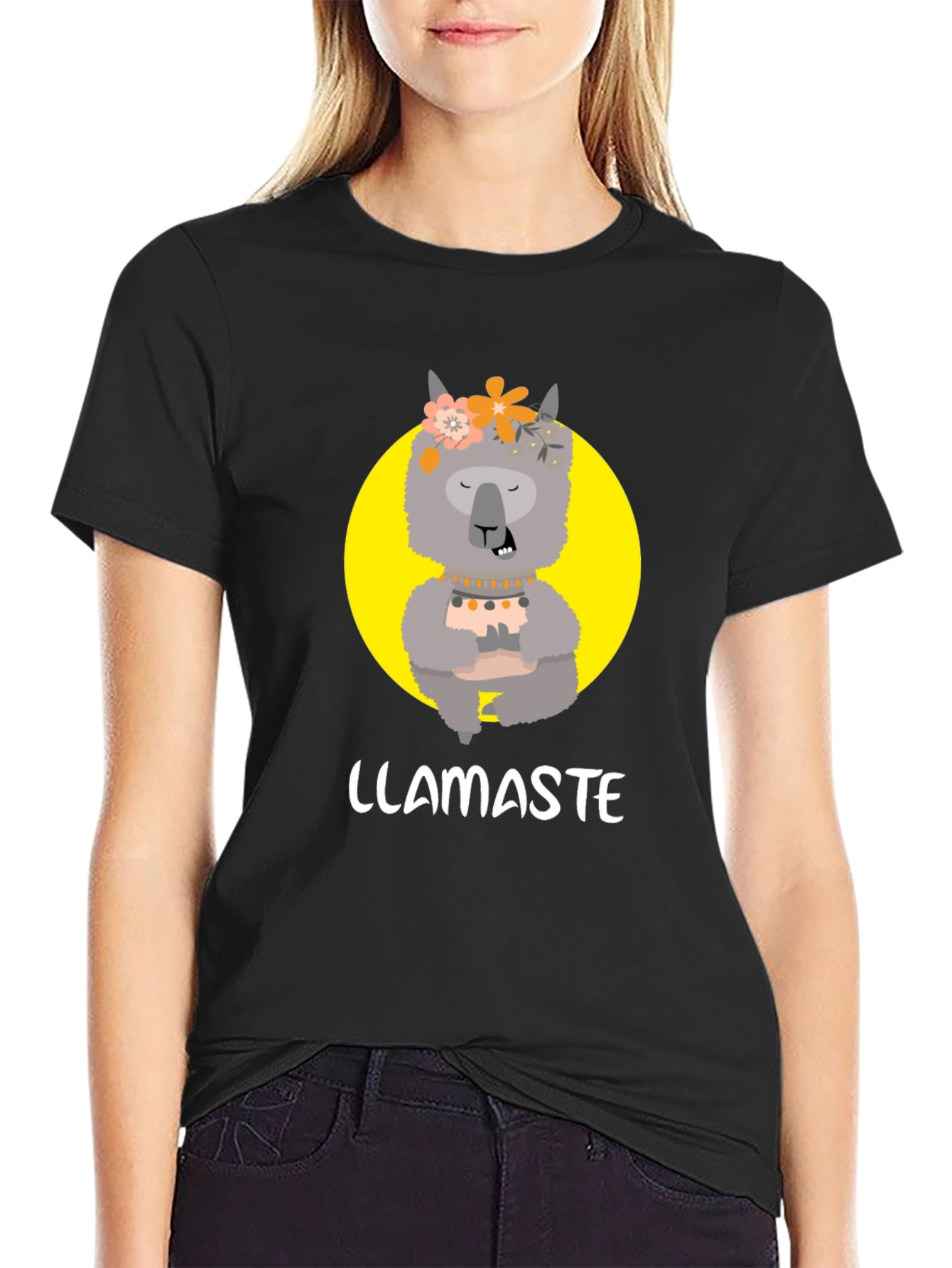 Black Llamaste Graphic Tee - Funny Llama Yoga T-Shirt view 2