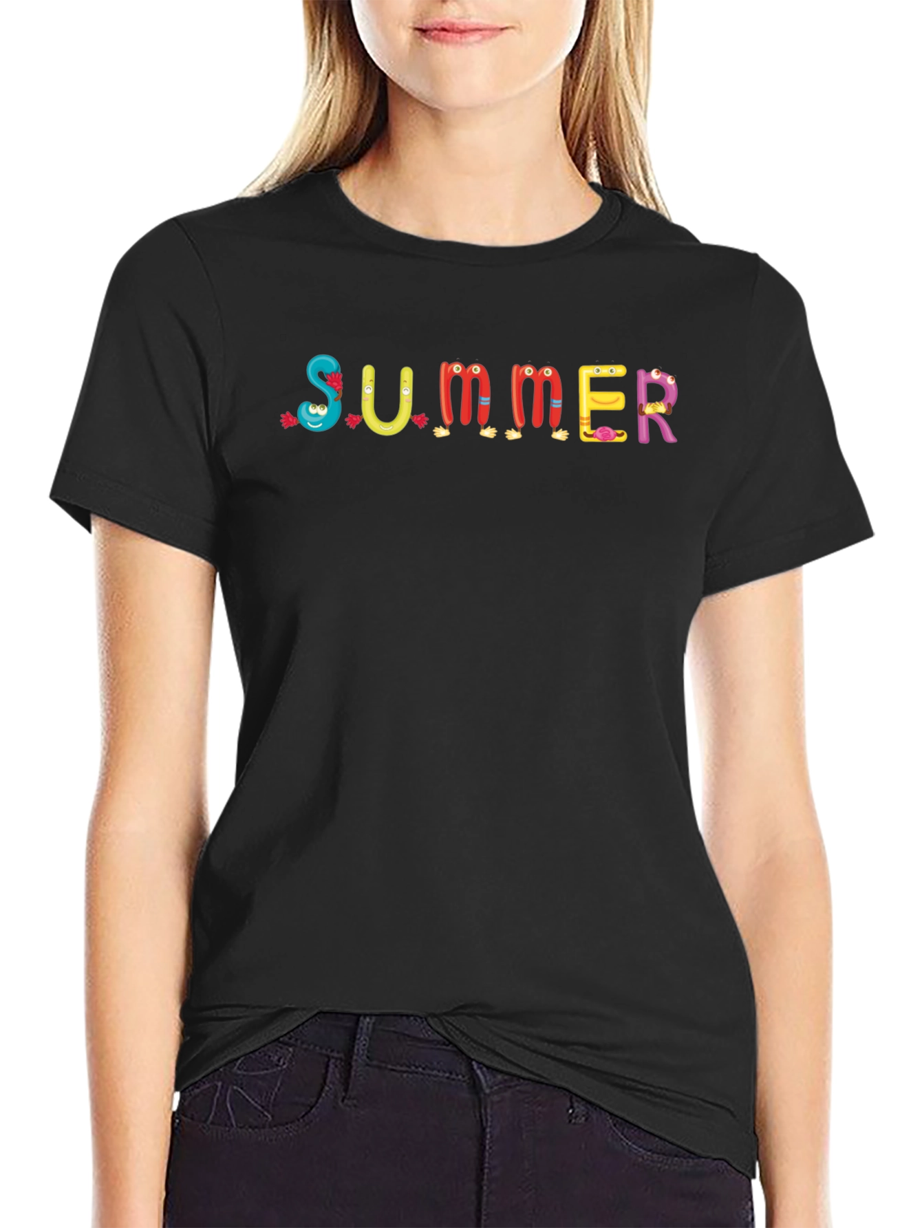 Black Fun Summer Cartoon T-Shirt - Crew Neck Casual Tee view 2