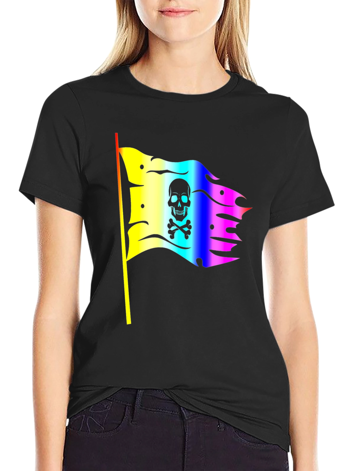 Black Rainbow Pirate Flag Skull Graphic T-Shirt view 2